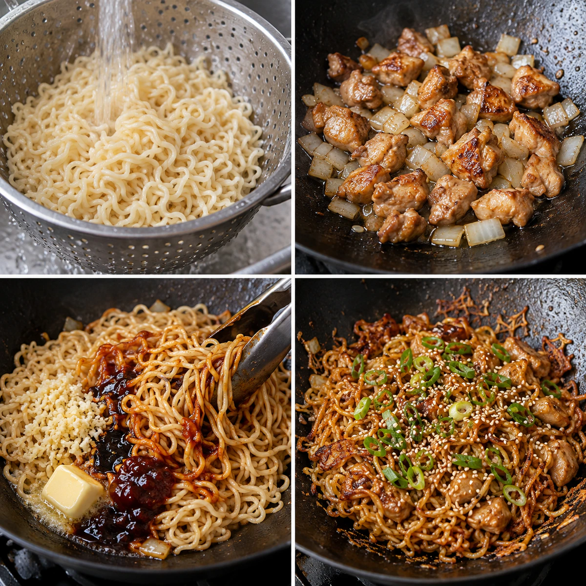 Four chronological preparation stages for Stir Fry Japanese BBQ Ramen Noodles