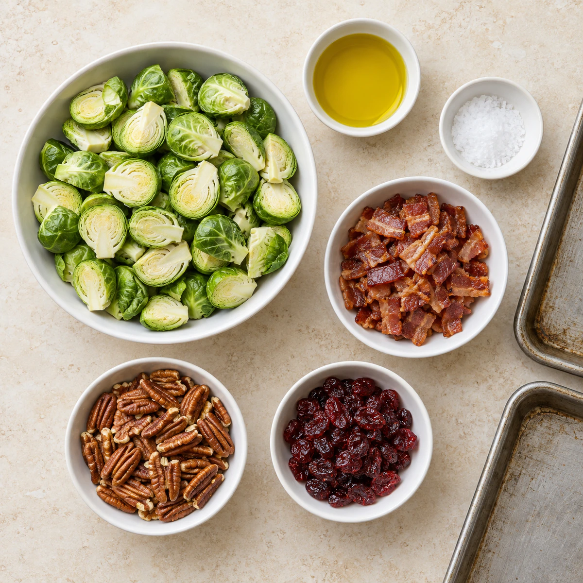 Exact measured ingredients for Brussels Sprouts with Bacon, Pecans & Cranberries