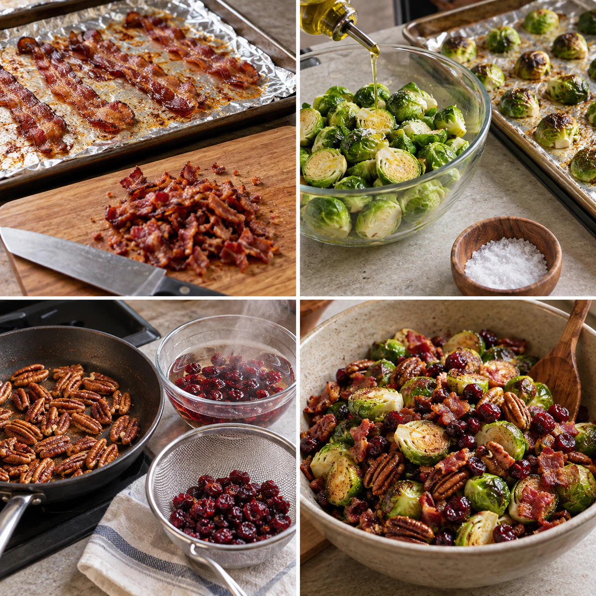 Four chronological preparation stages for Brussels Sprouts with Bacon, Pecans & Cranberries