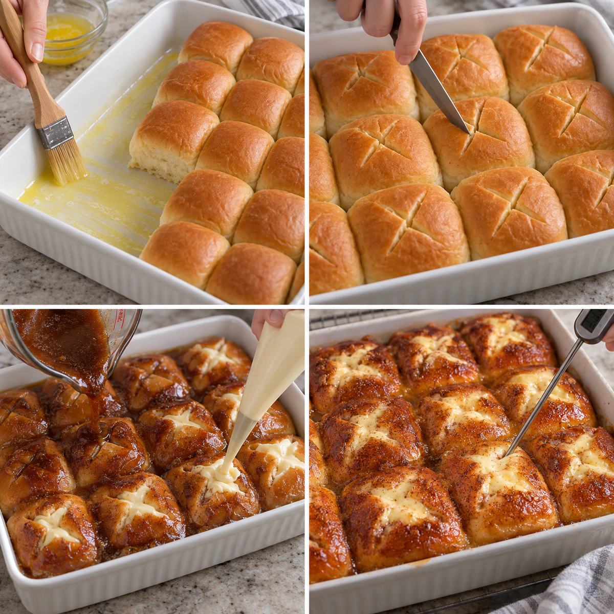 Four chronological preparation stages for King's Hawaiian Cheesecake Danish