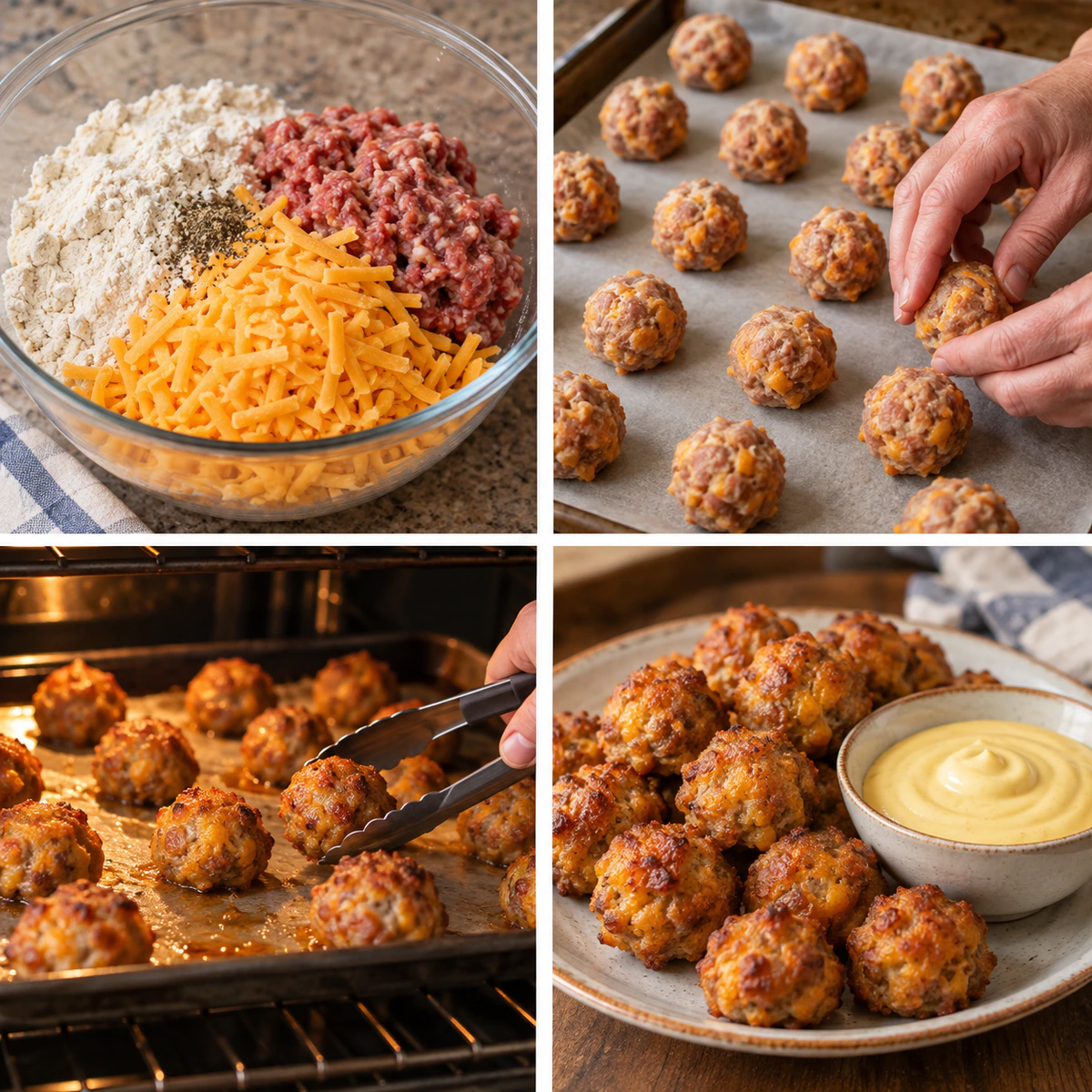 Four chronological preparation stages for Paula Deen Sausage Balls