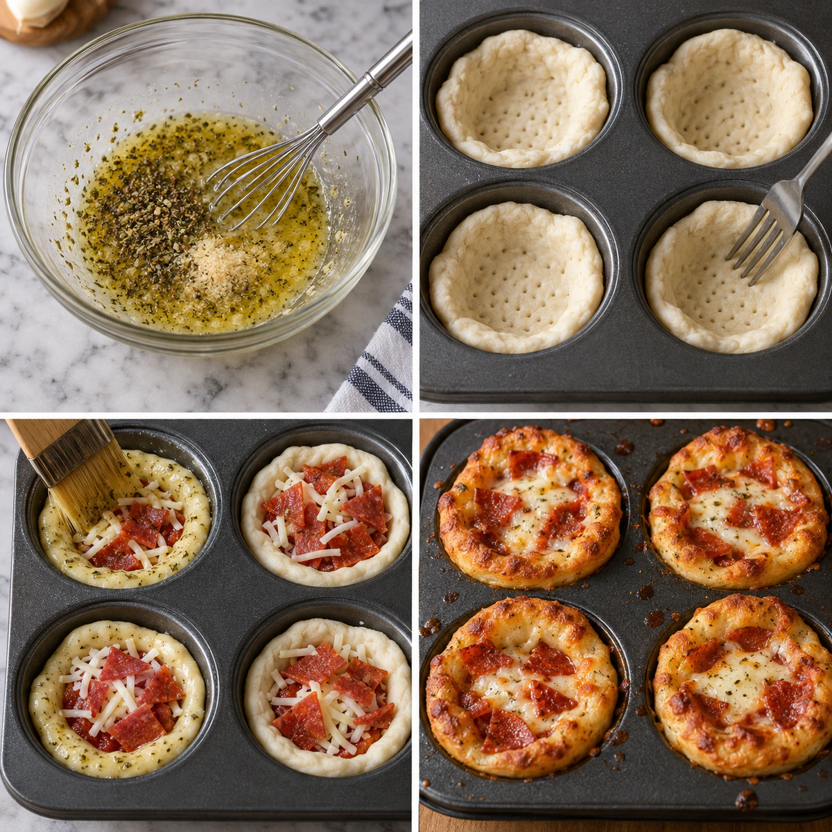Four chronological preparation stages for Pizza Pot Pies