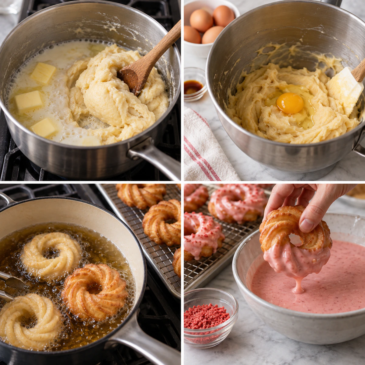Four chronological preparation stages for Strawberry Glazed French Crullers