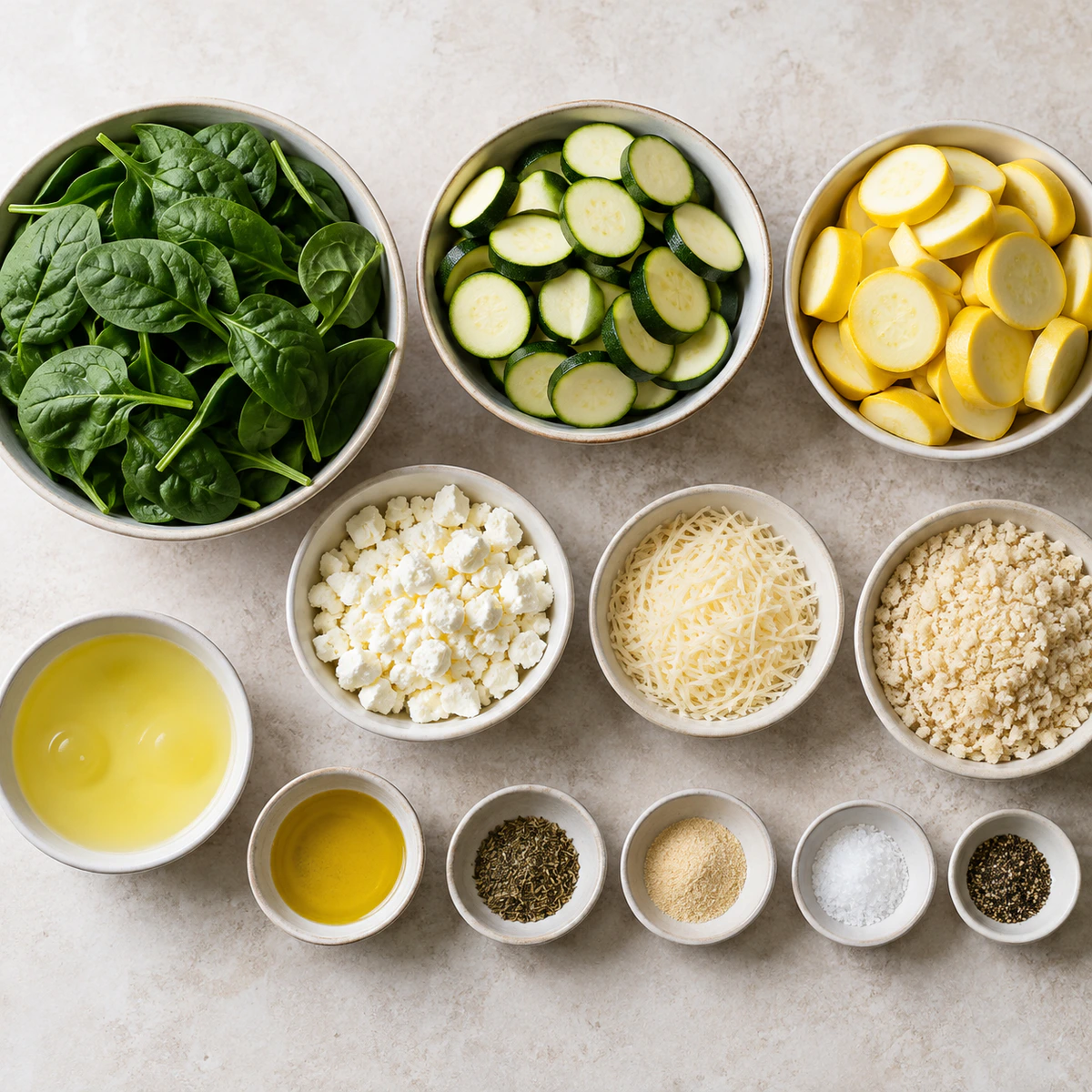 Exact measured ingredients for Baked Zucchini, Spinach, & Feta Casserole