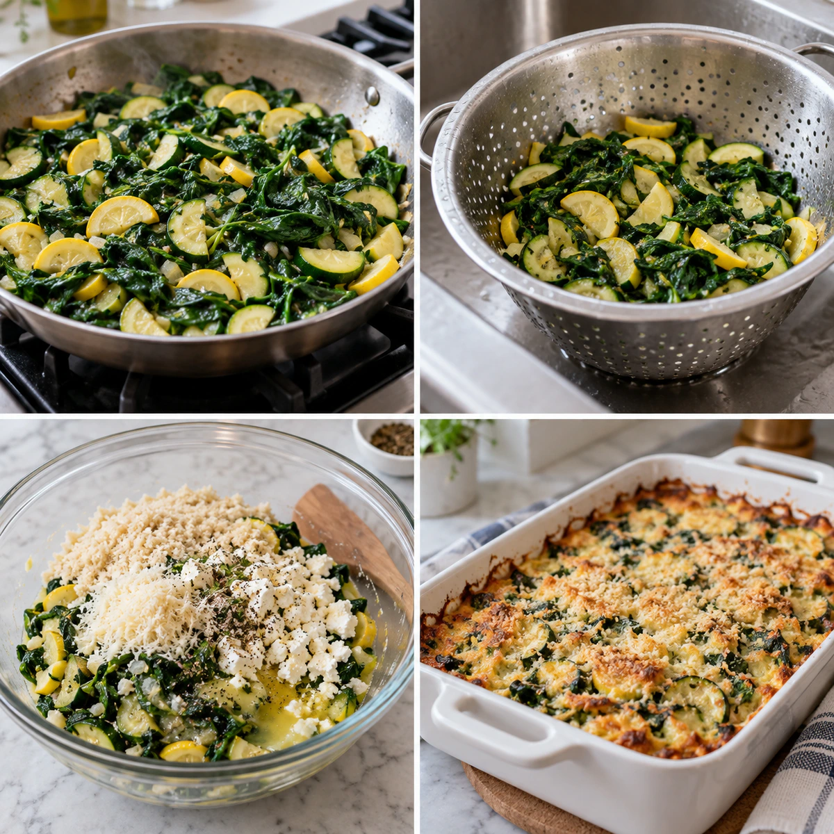 Four chronological preparation stages for Baked Zucchini, Spinach, & Feta Casserole