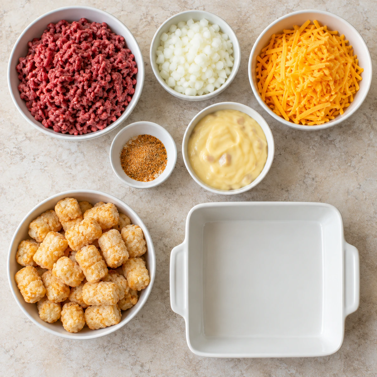 Exact measured ingredients for Cheesy Tater Tot Casserole