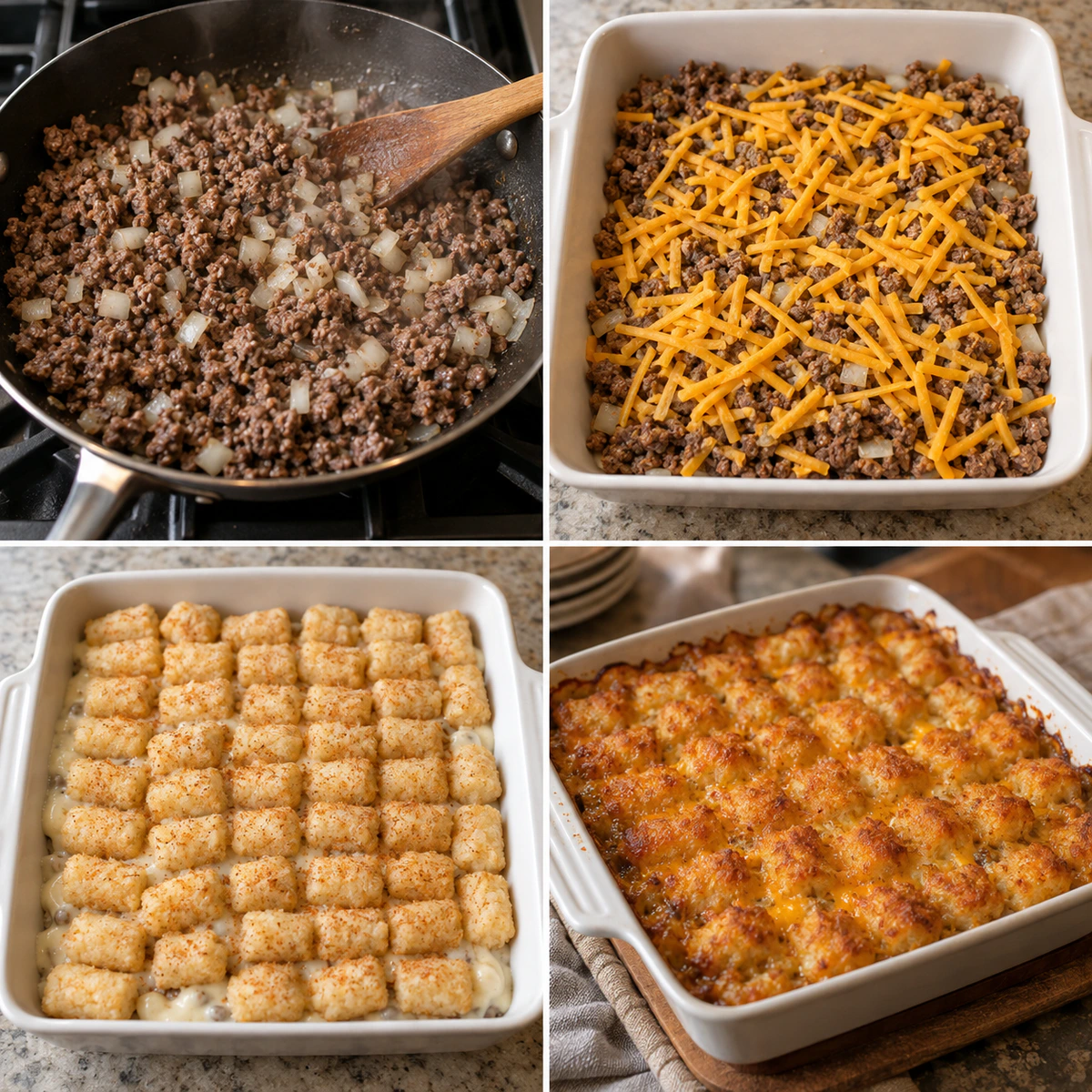 Four chronological preparation stages for Cheesy Tater Tot Casserole