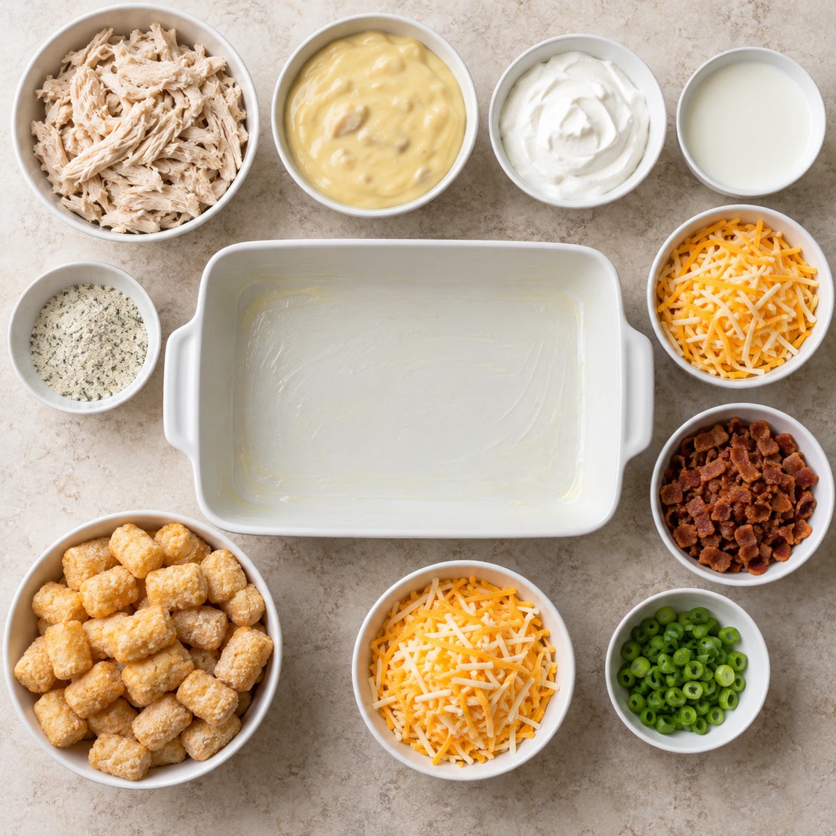 Exact measured ingredients for Chicken Bacon Ranch Tater Tot Casserole
