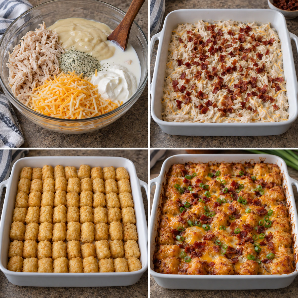 Four chronological preparation stages for Chicken Bacon Ranch Tater Tot Casserole