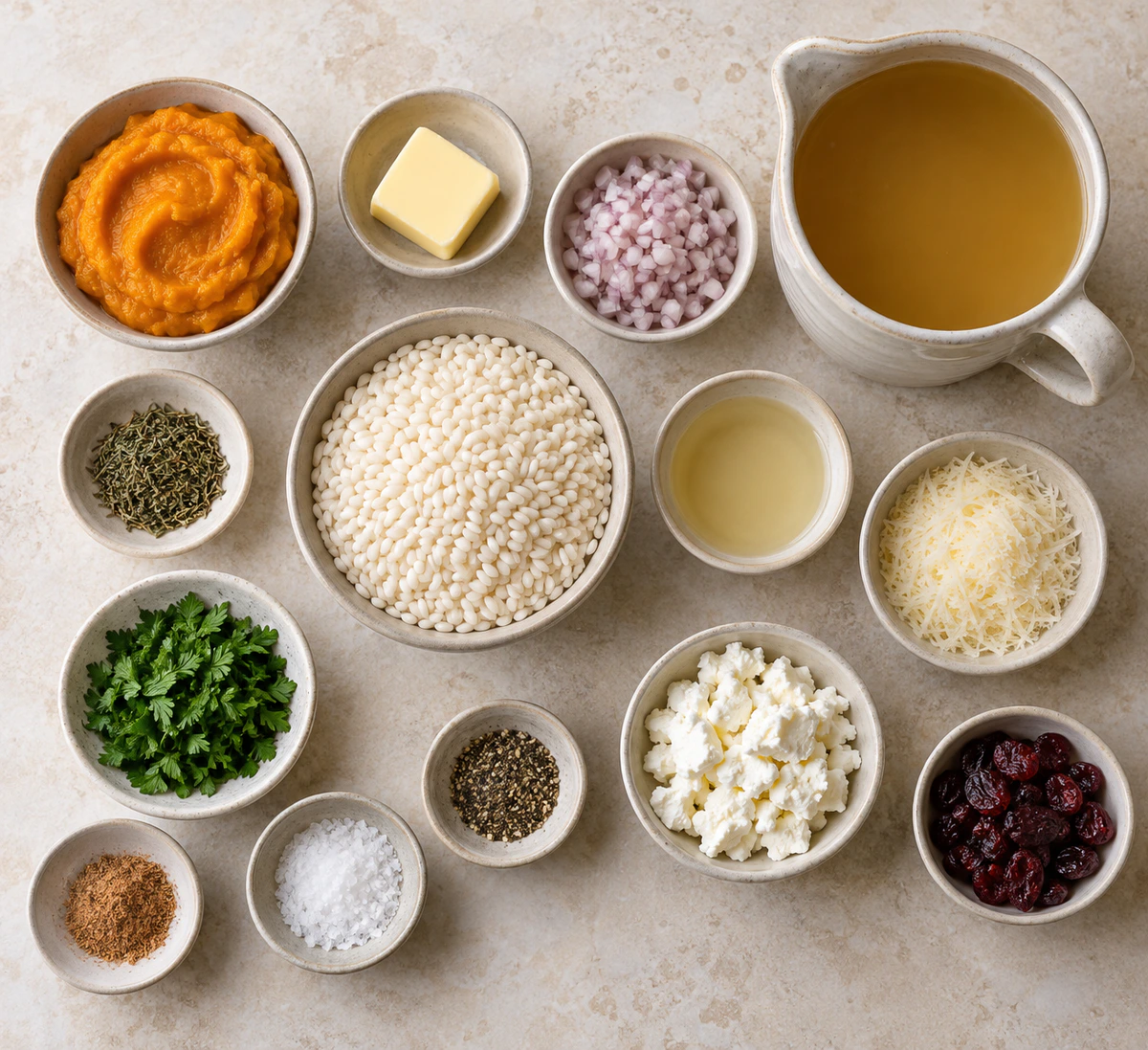 Exact measured ingredients for Pumpkin Risotto with Goat Cheese & Cranberries
