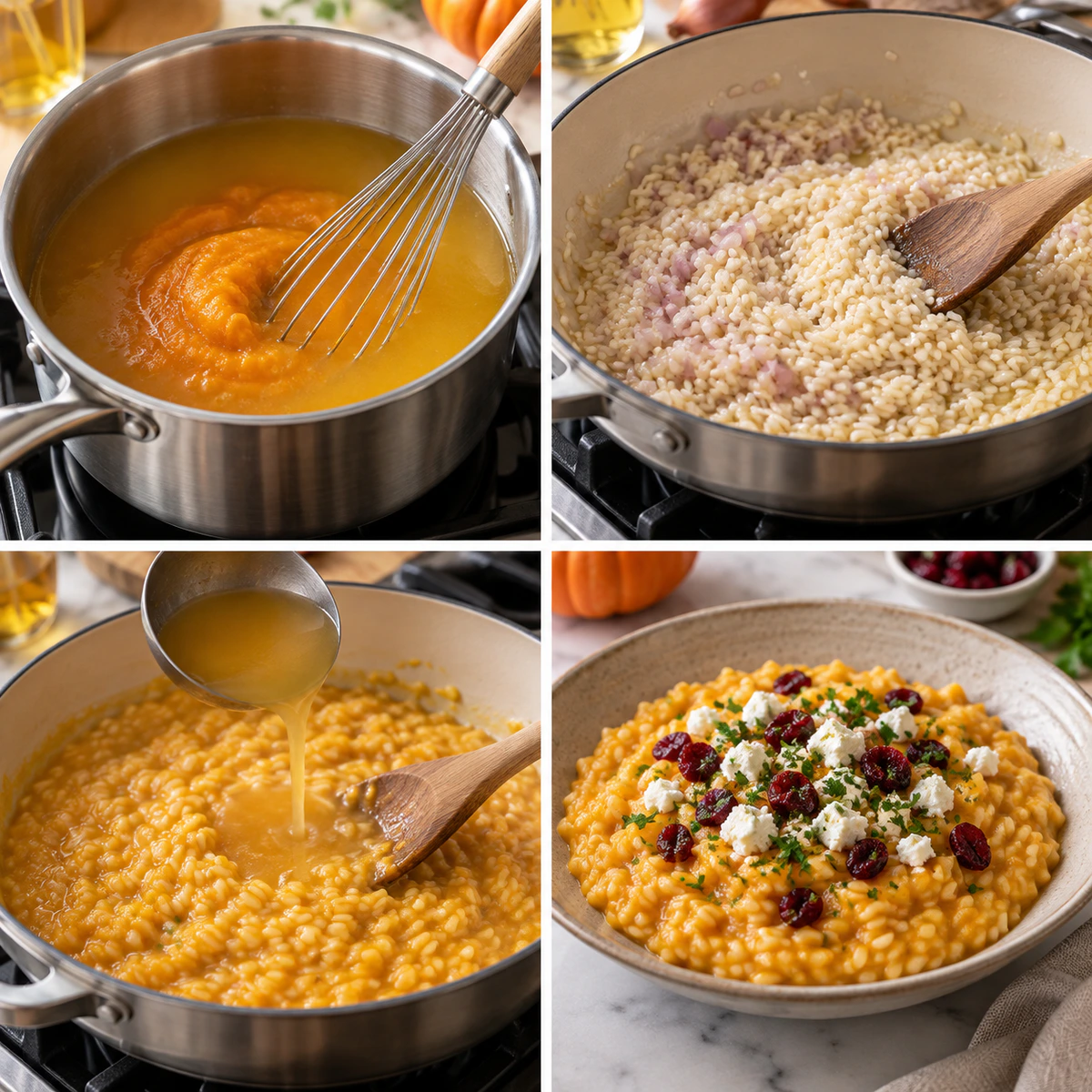 Four chronological preparation stages for Pumpkin Risotto with Goat Cheese & Cranberries