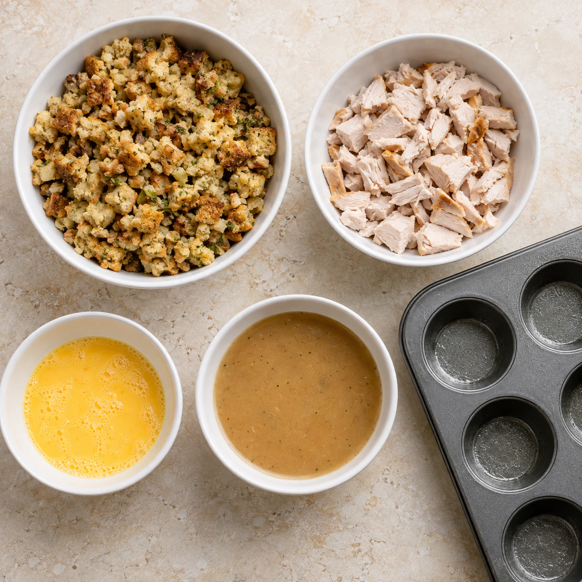 Exact measured ingredients for Turkey & Stuffing Muffins
