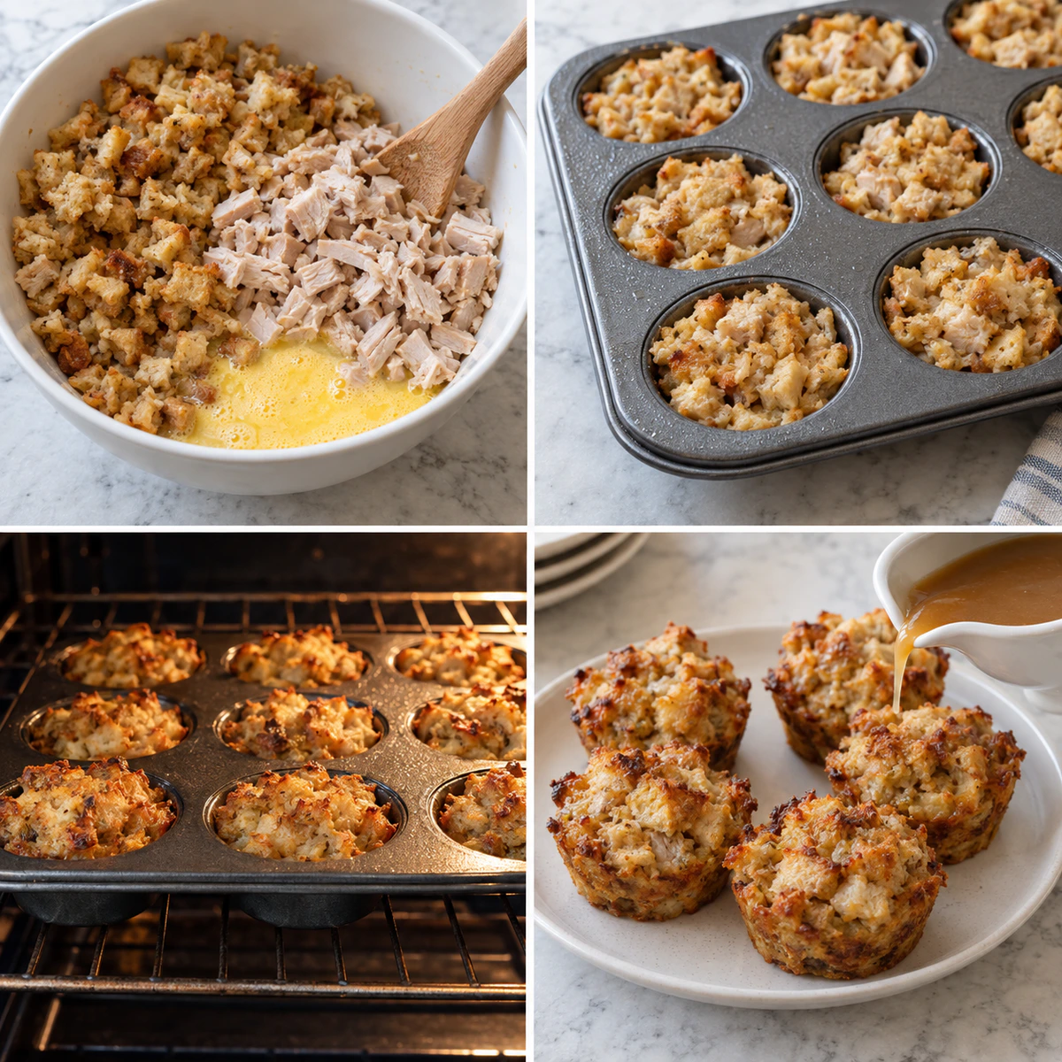 Four chronological preparation stages for Turkey & Stuffing Muffins