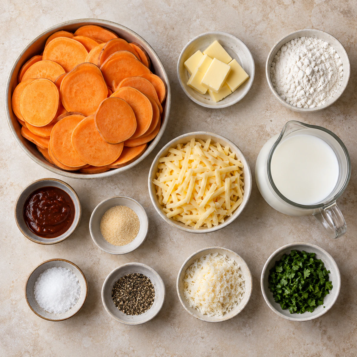 Exact measured ingredients for Chipotle Gouda Scalloped Sweet Potatoes