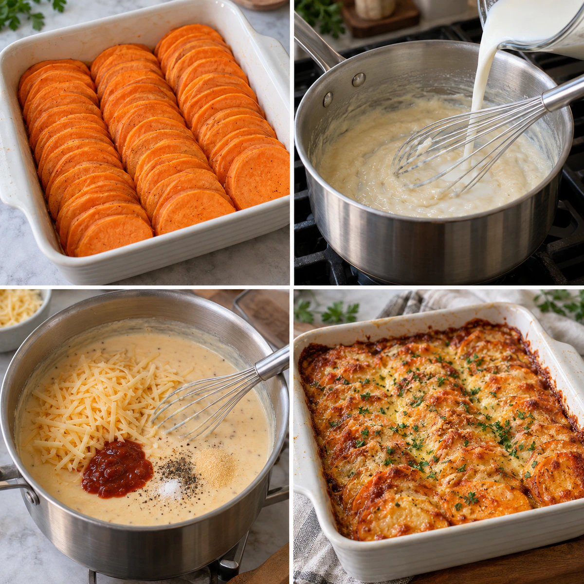 Four chronological preparation stages for Chipotle Gouda Scalloped Sweet Potatoes
