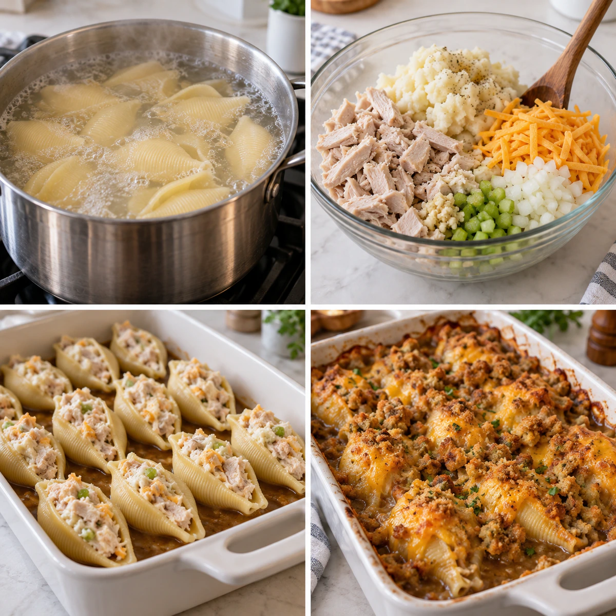 Four chronological preparation stages for Leftover Thanksgiving Turkey Stuffed Shells
