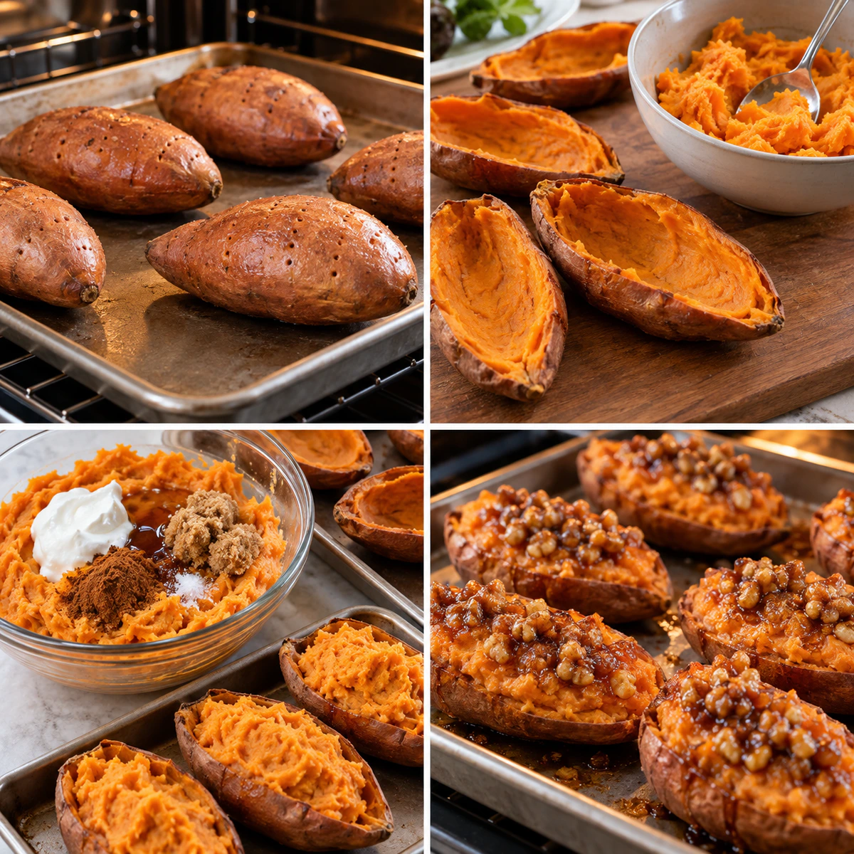 Four chronological preparation stages for Maple Walnut Twice-Baked Sweet Potatoes
