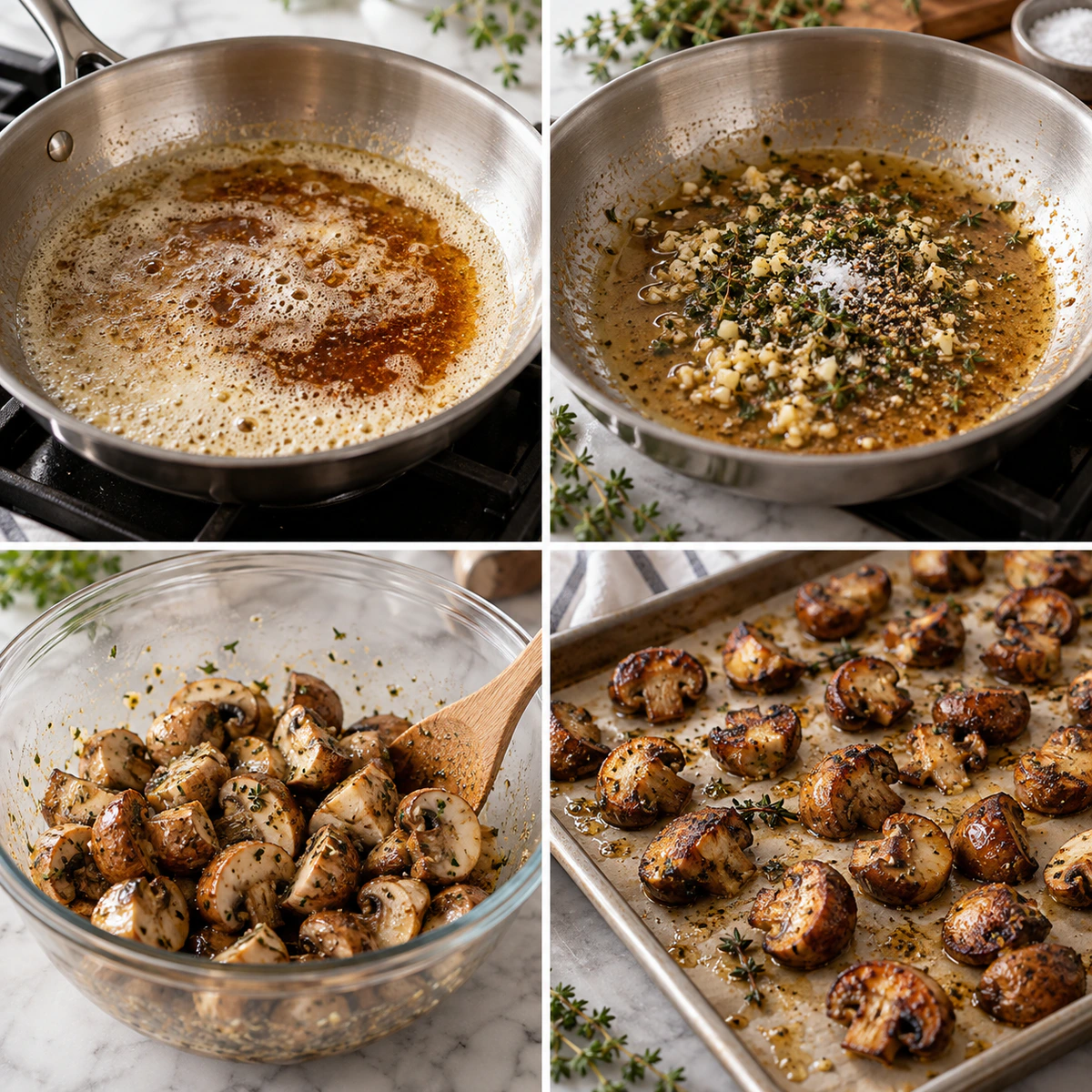 Four chronological preparation stages for Roasted Mushrooms in Browned Butter