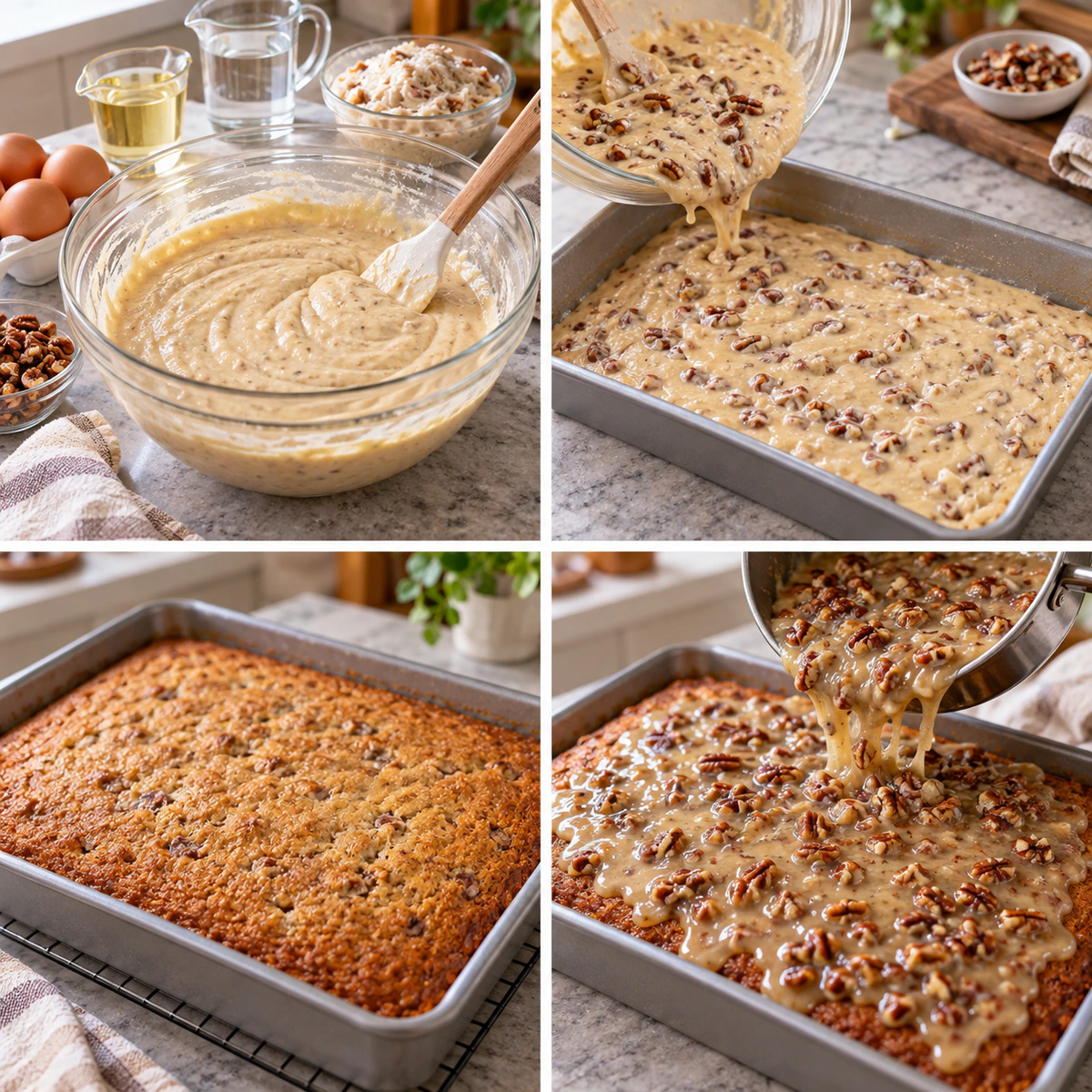 Four chronological preparation stages for Southern Pecan Praline Cake