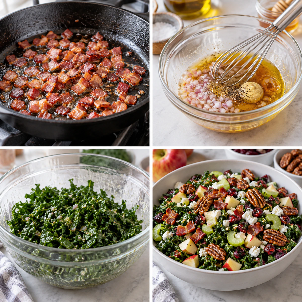 Four chronological preparation stages for Apple Cranberry Pecan Salad