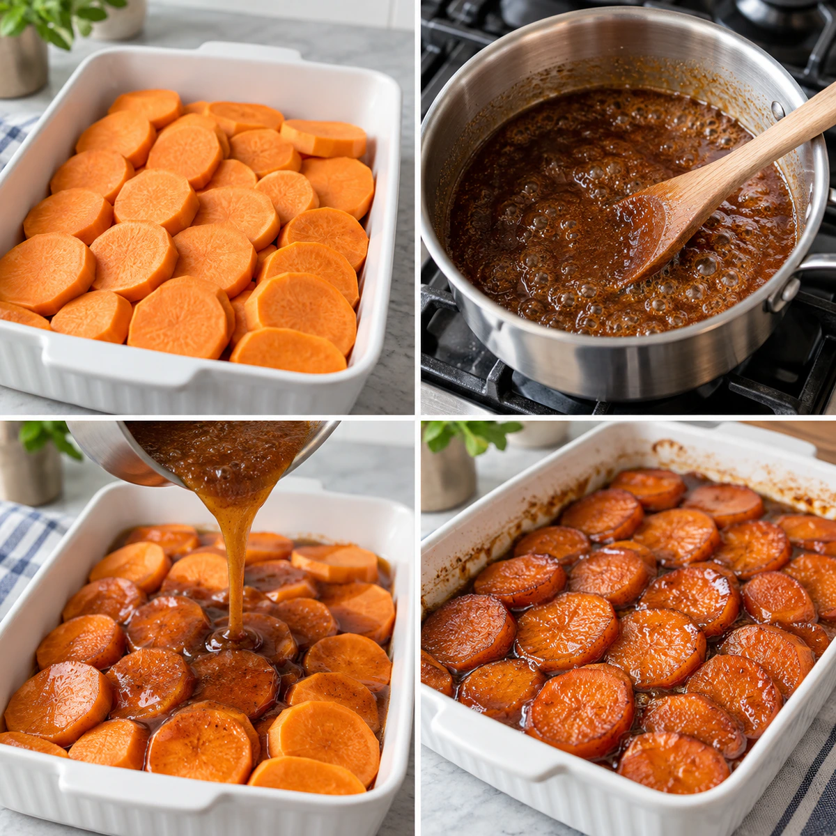 Four chronological preparation stages for Candied Yams with Warm Spices