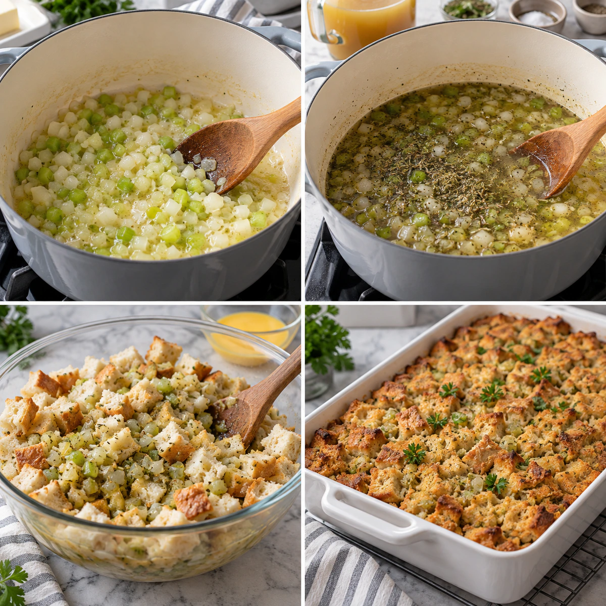 Four chronological preparation stages for Grandma’s Thanksgiving Stuffing