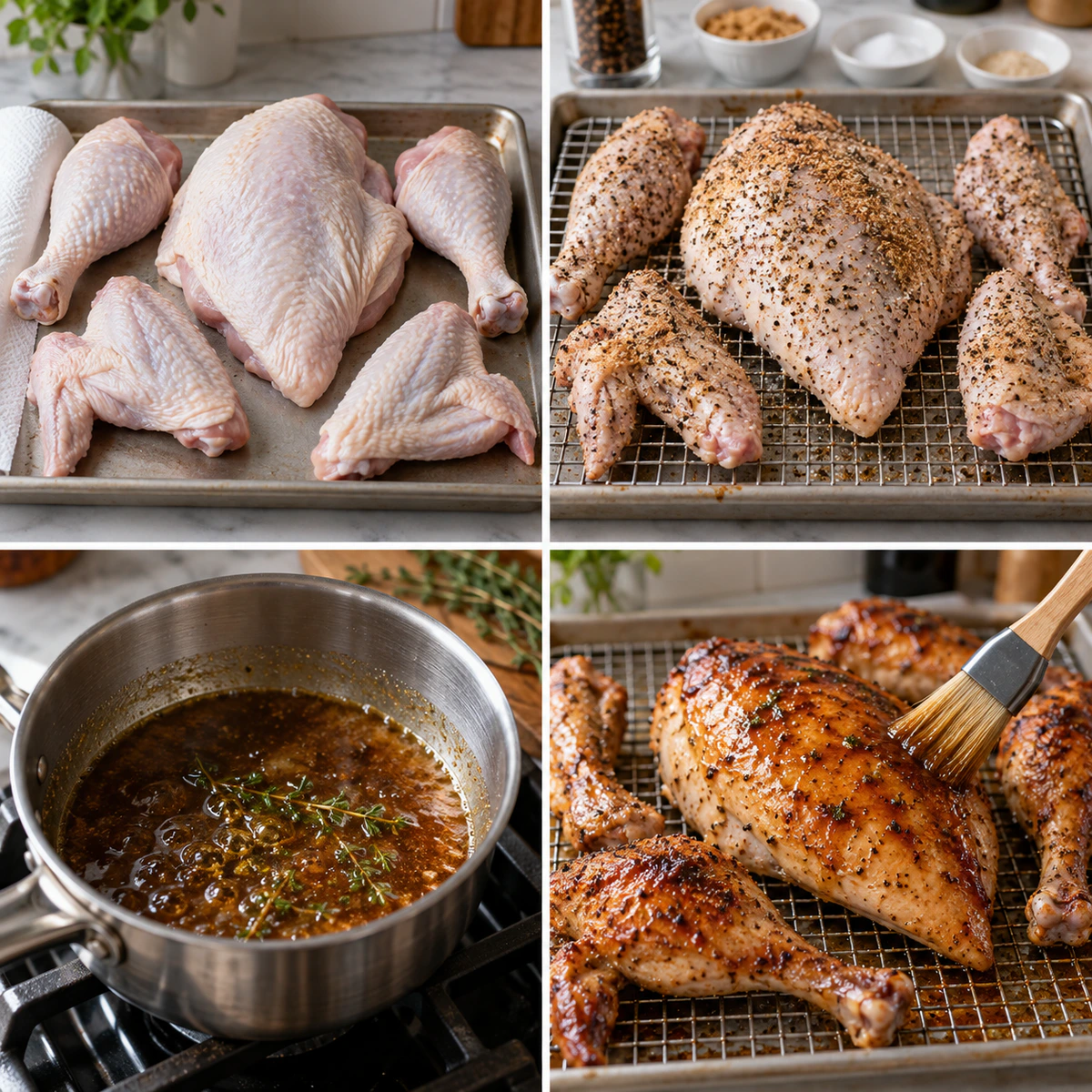 Four chronological preparation stages for Maple-Butter-Glazed Turkey