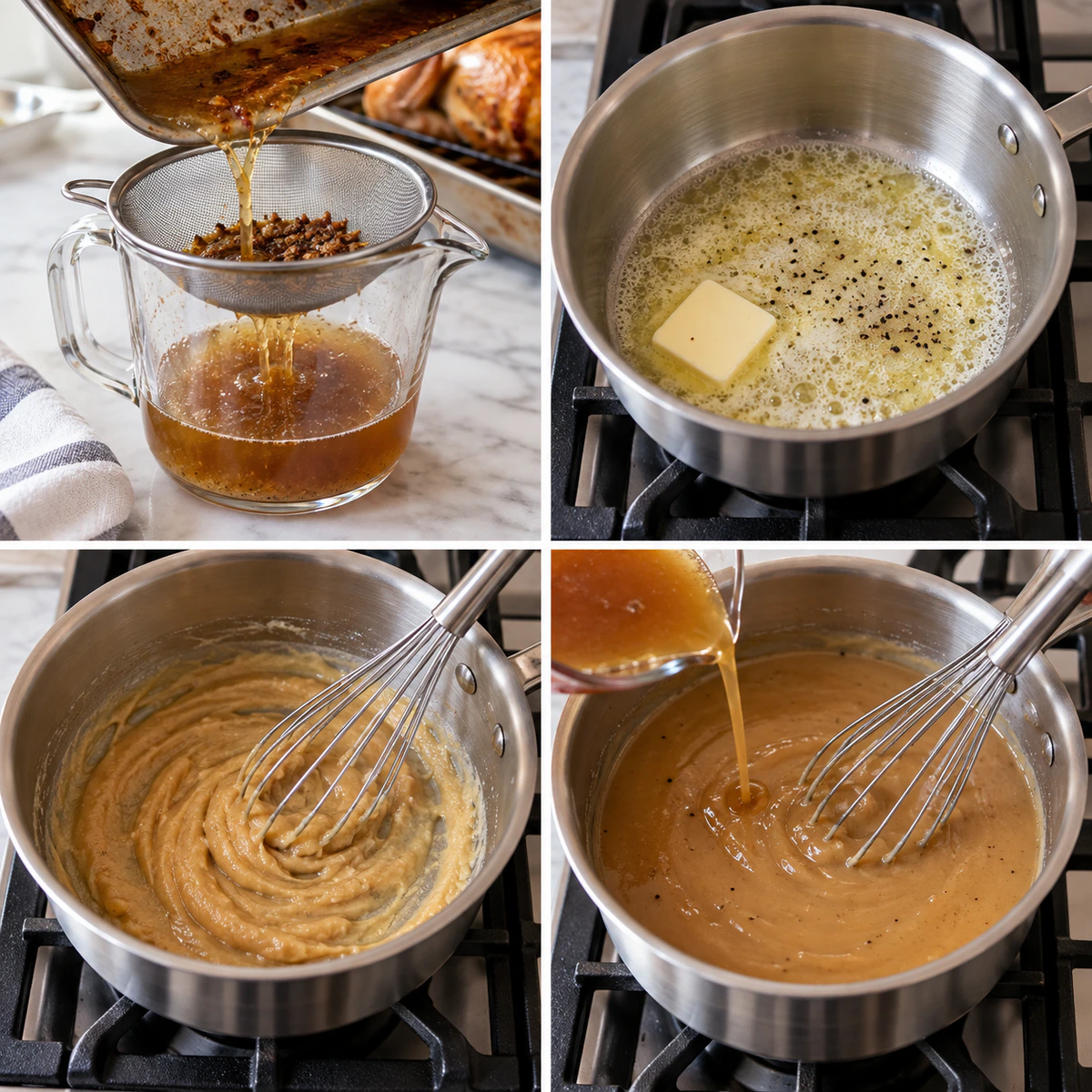 Four chronological preparation stages for Perfect Turkey Gravy