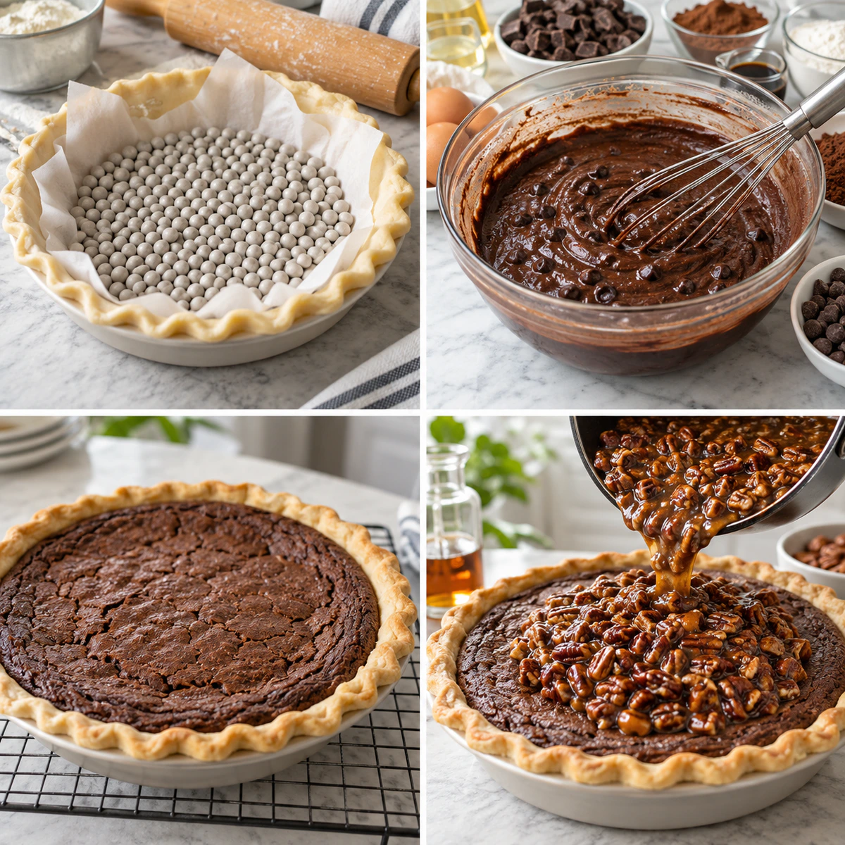 Four chronological preparation stages for Brownie Pecan Pie