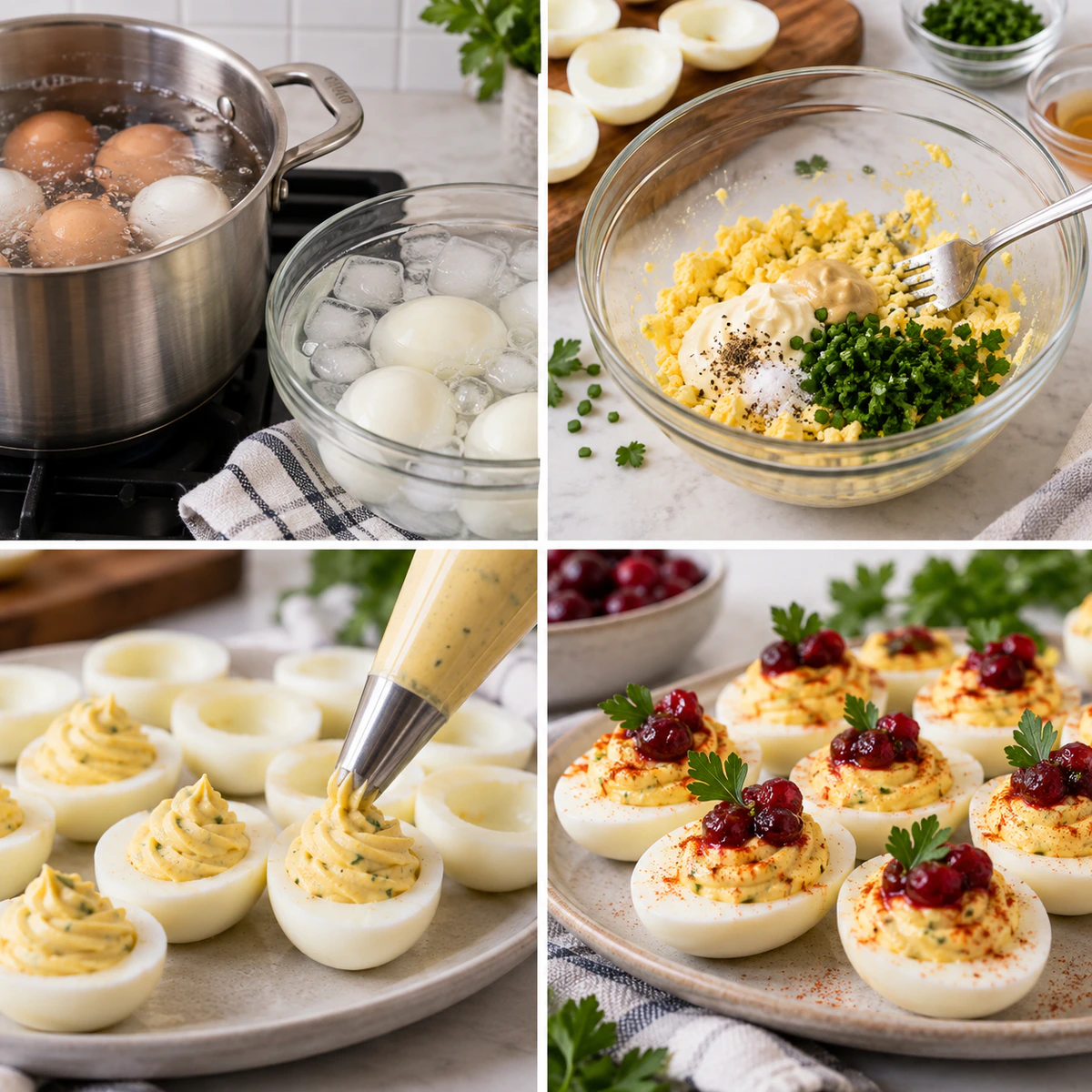 Four chronological preparation stages for Harvest Cranberry Deviled Eggs