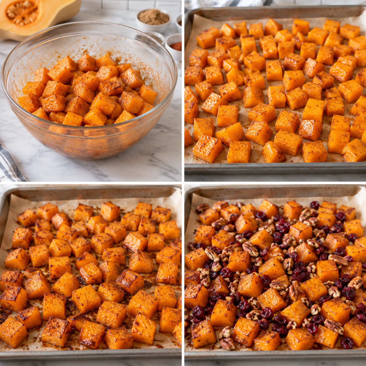 Four chronological preparation stages for Roasted Butternut Squash with Cranberries and Pecans