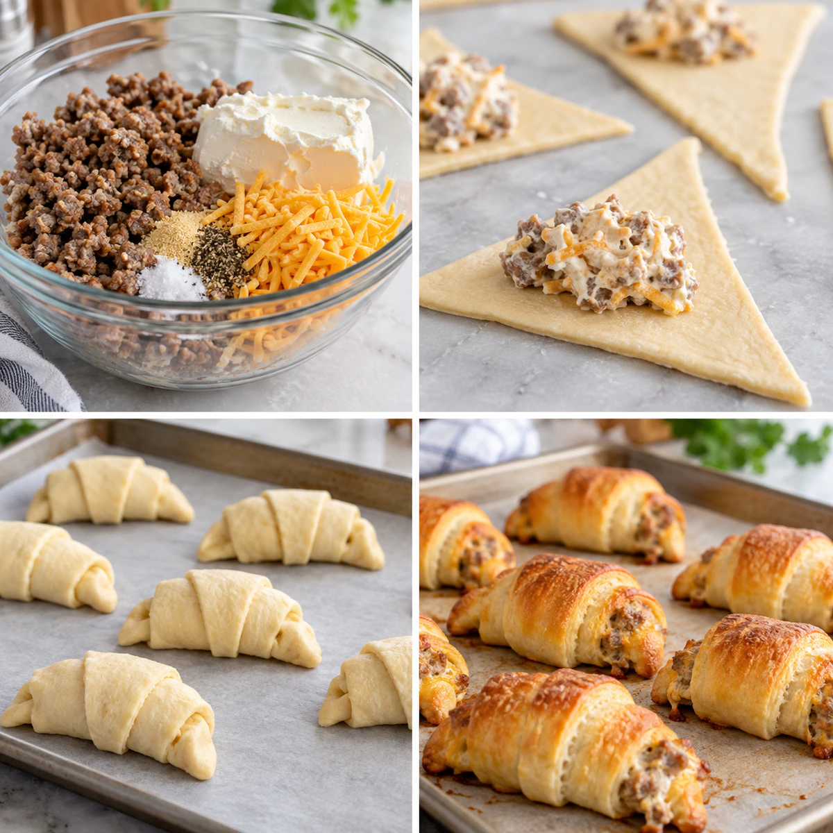 Four chronological preparation stages for Sausage Cream Cheese Crescents