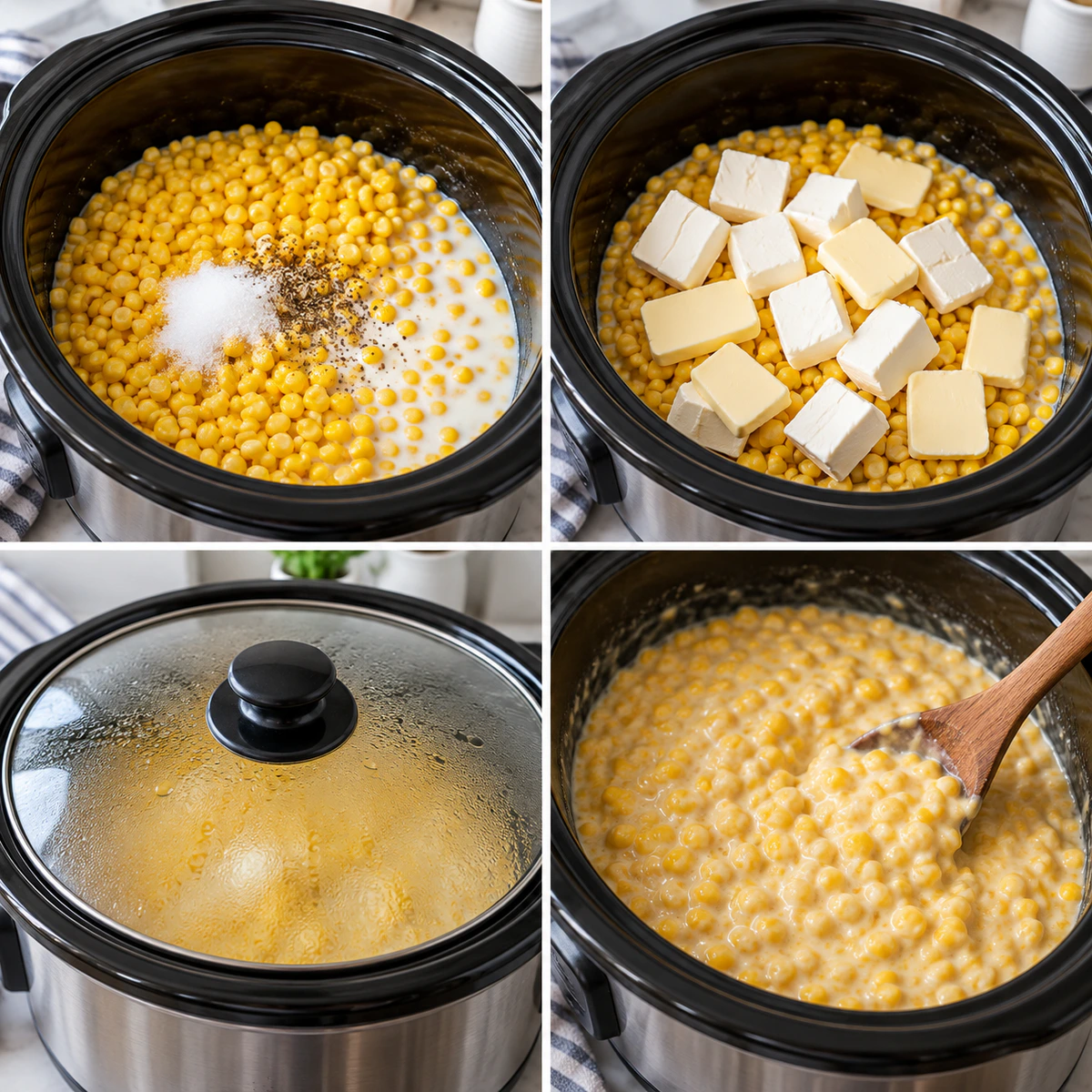 Four chronological preparation stages for Slow Cooker Creamed Corn