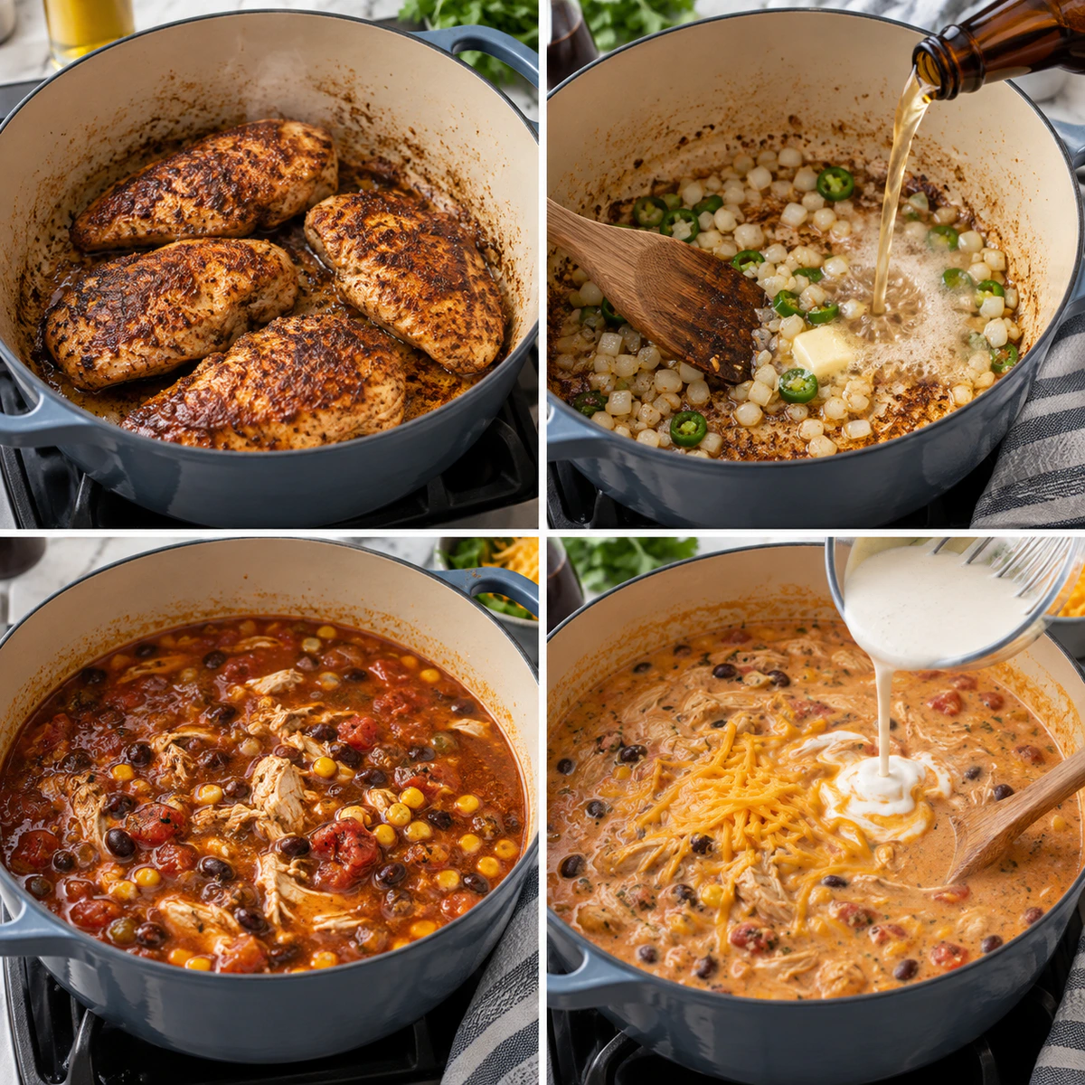 Four chronological preparation stages for Chicken Taco Soup