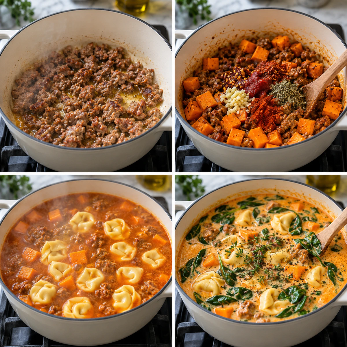 Four chronological preparation stages for Creamy Sausage Tortellini Soup