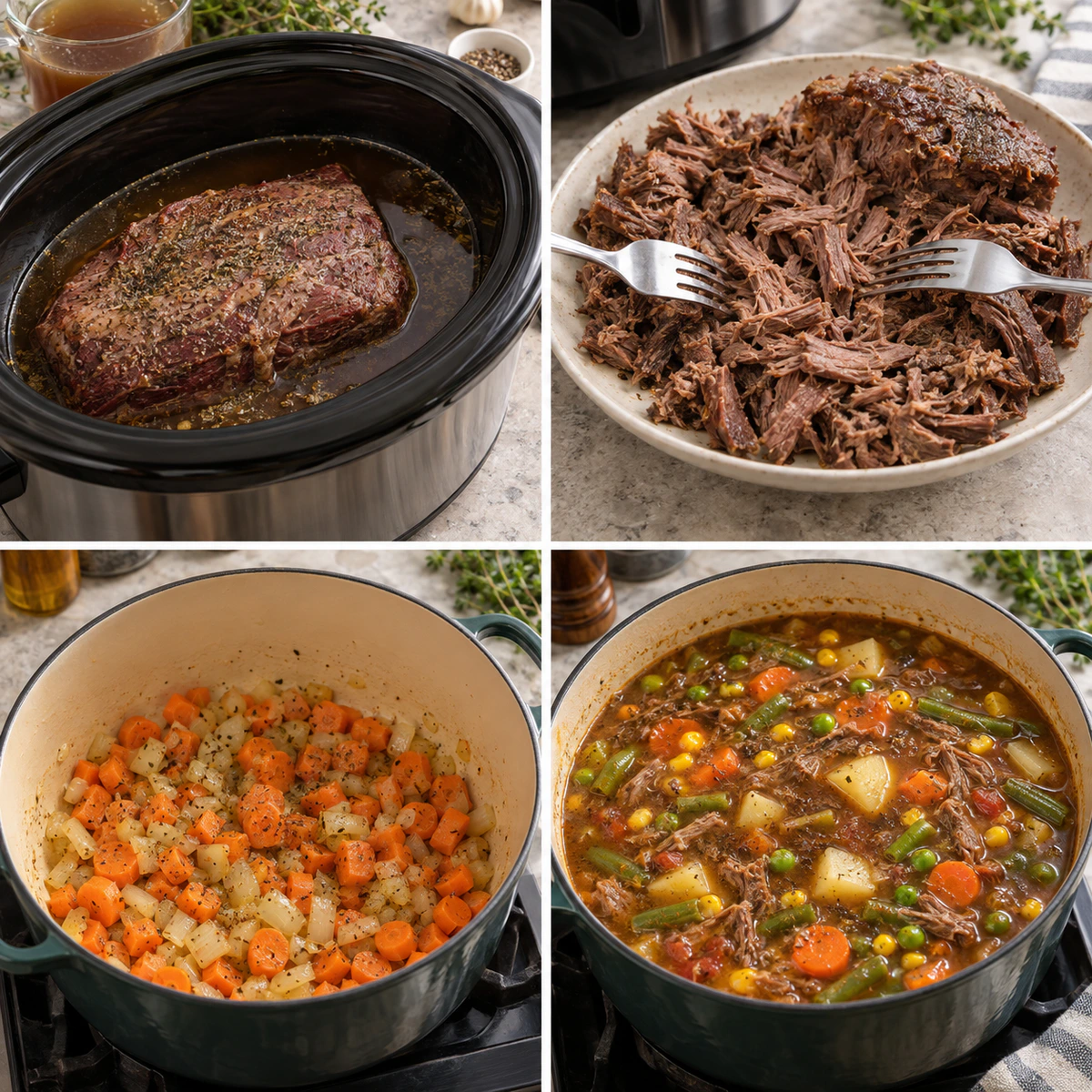 Four chronological preparation stages for Old-Fashioned Vegetable Beef Soup