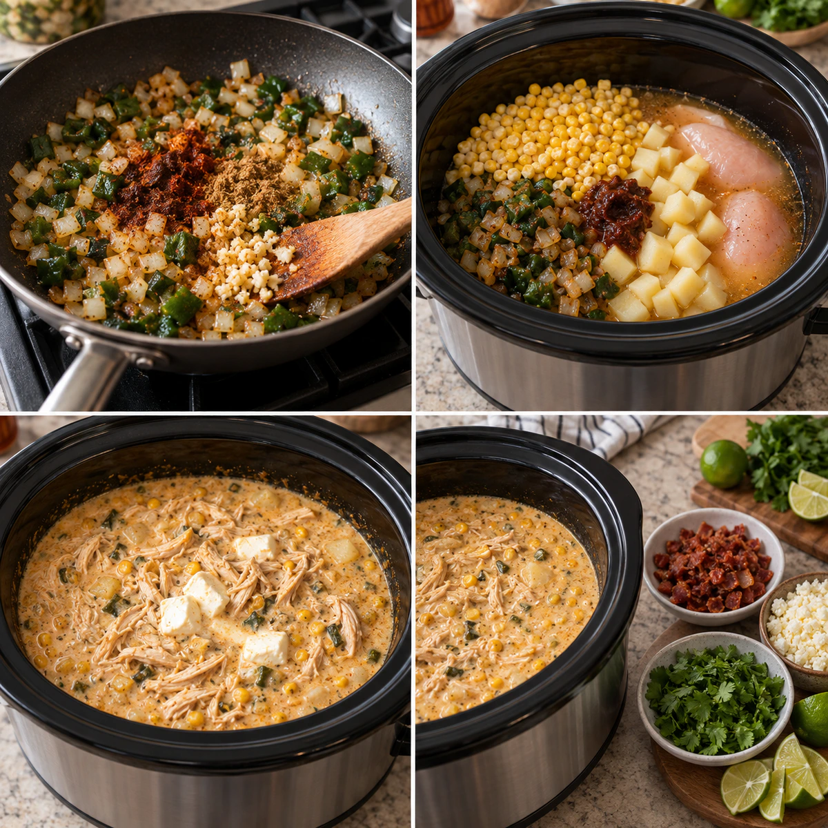Four chronological preparation stages for Slow Cooker Mexican Street Corn Soup