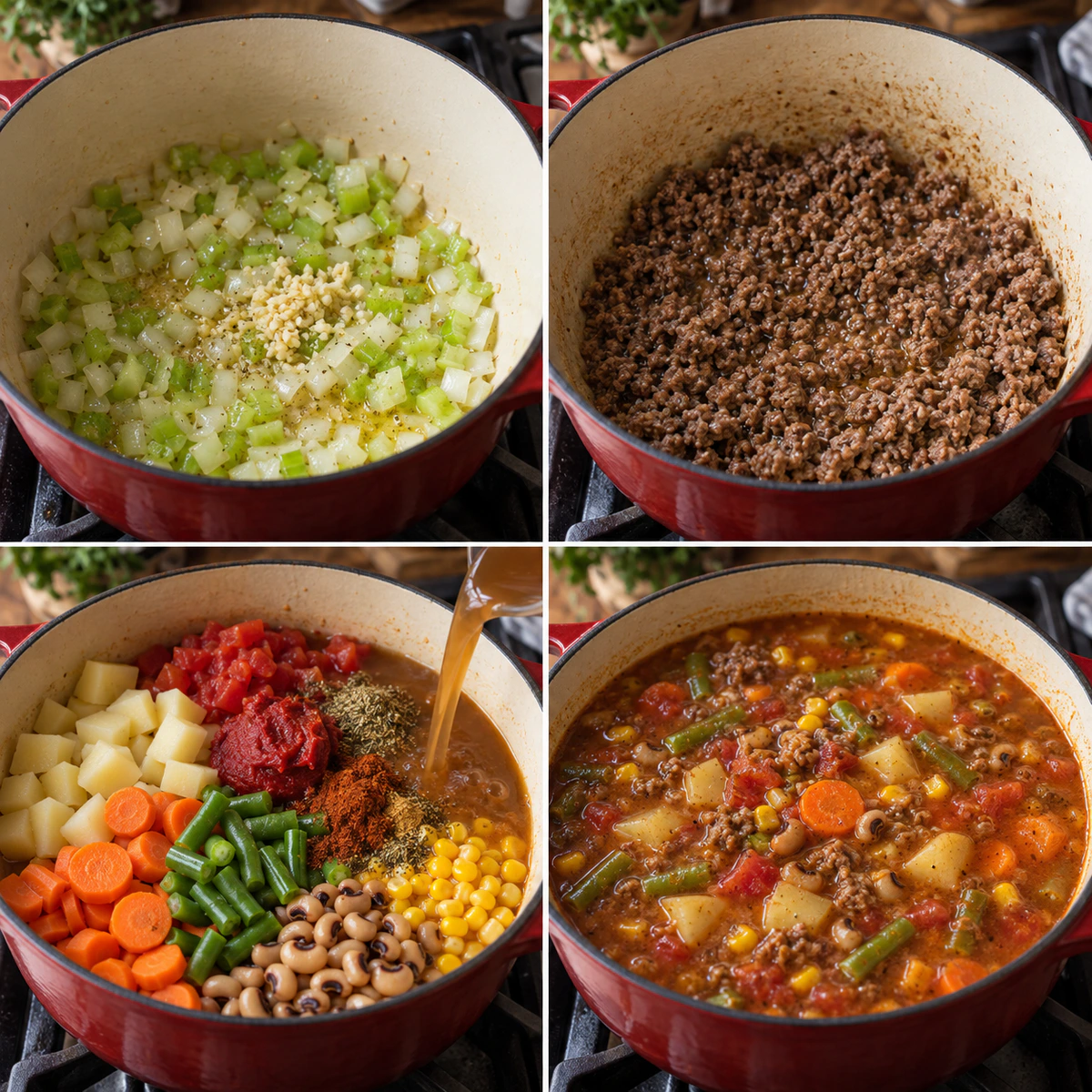 Four chronological preparation stages for Cowboy Soup