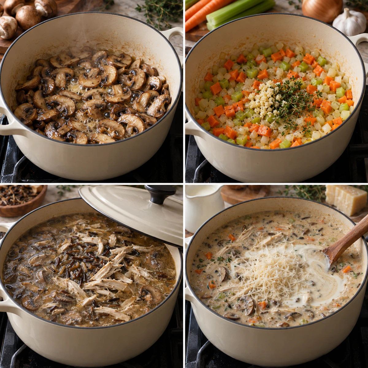 Four chronological preparation stages for Creamy Mushroom Chicken and Wild Rice Soup