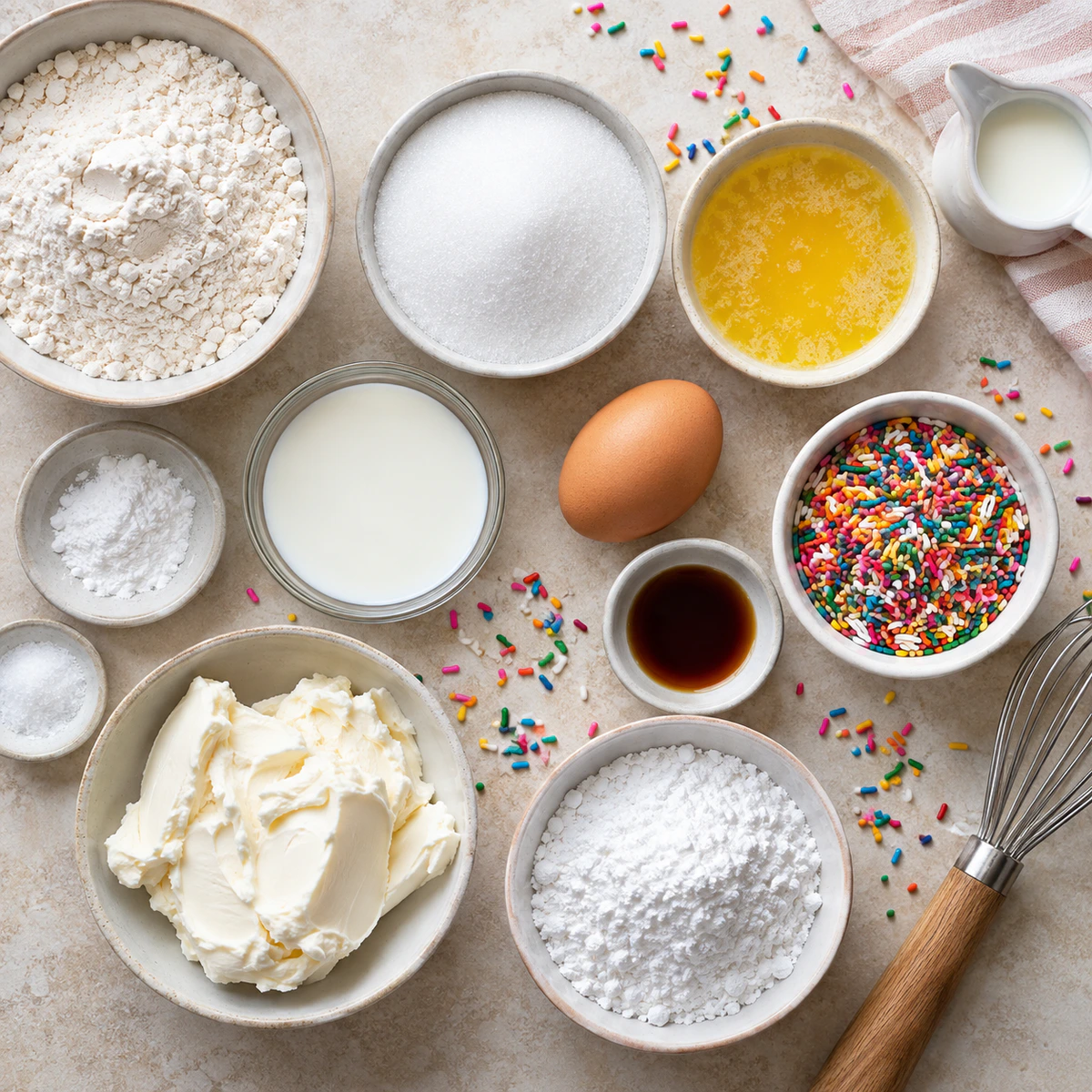 Exact measured ingredients for Funfetti Cheesecake Muffins