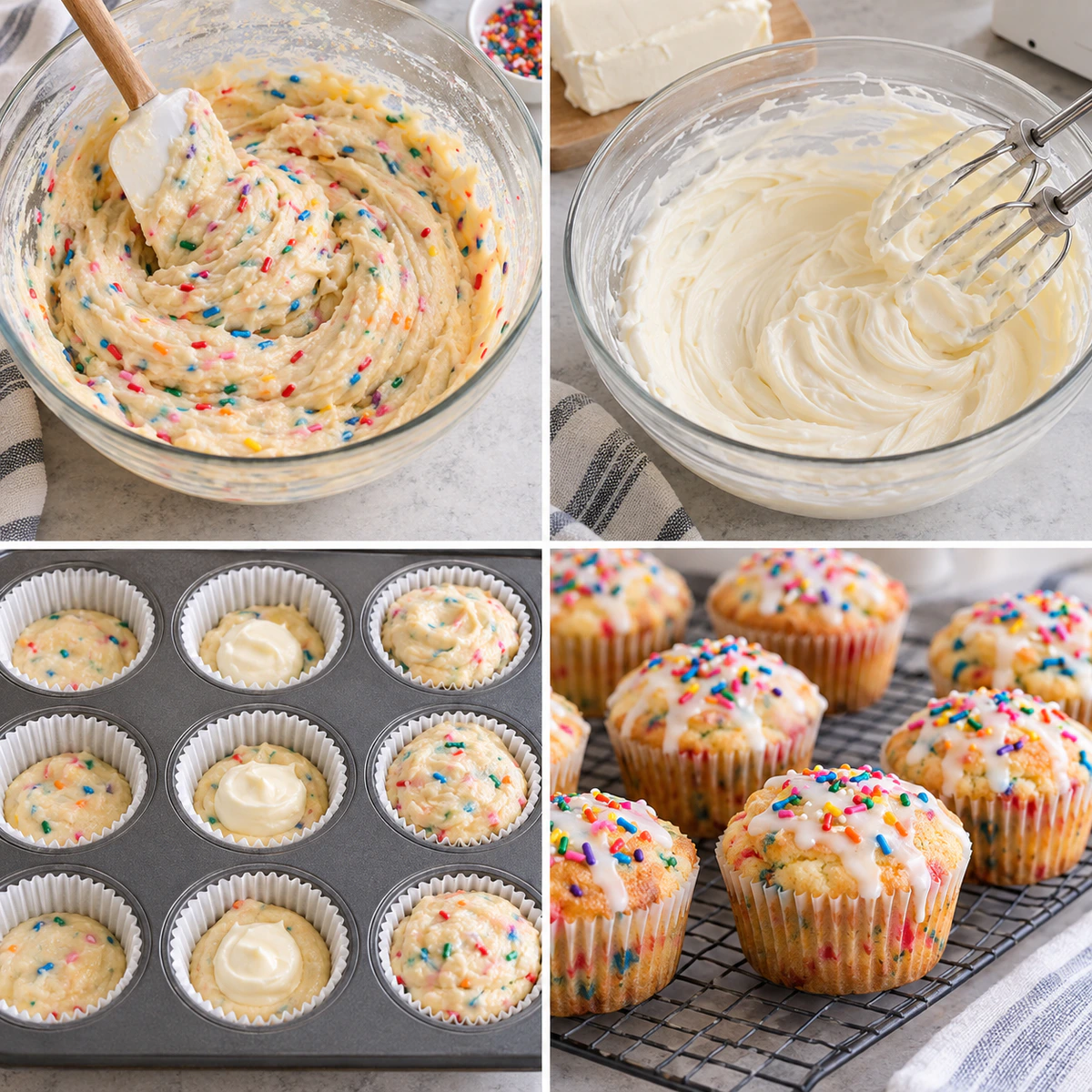Four chronological preparation stages for Funfetti Cheesecake Muffins