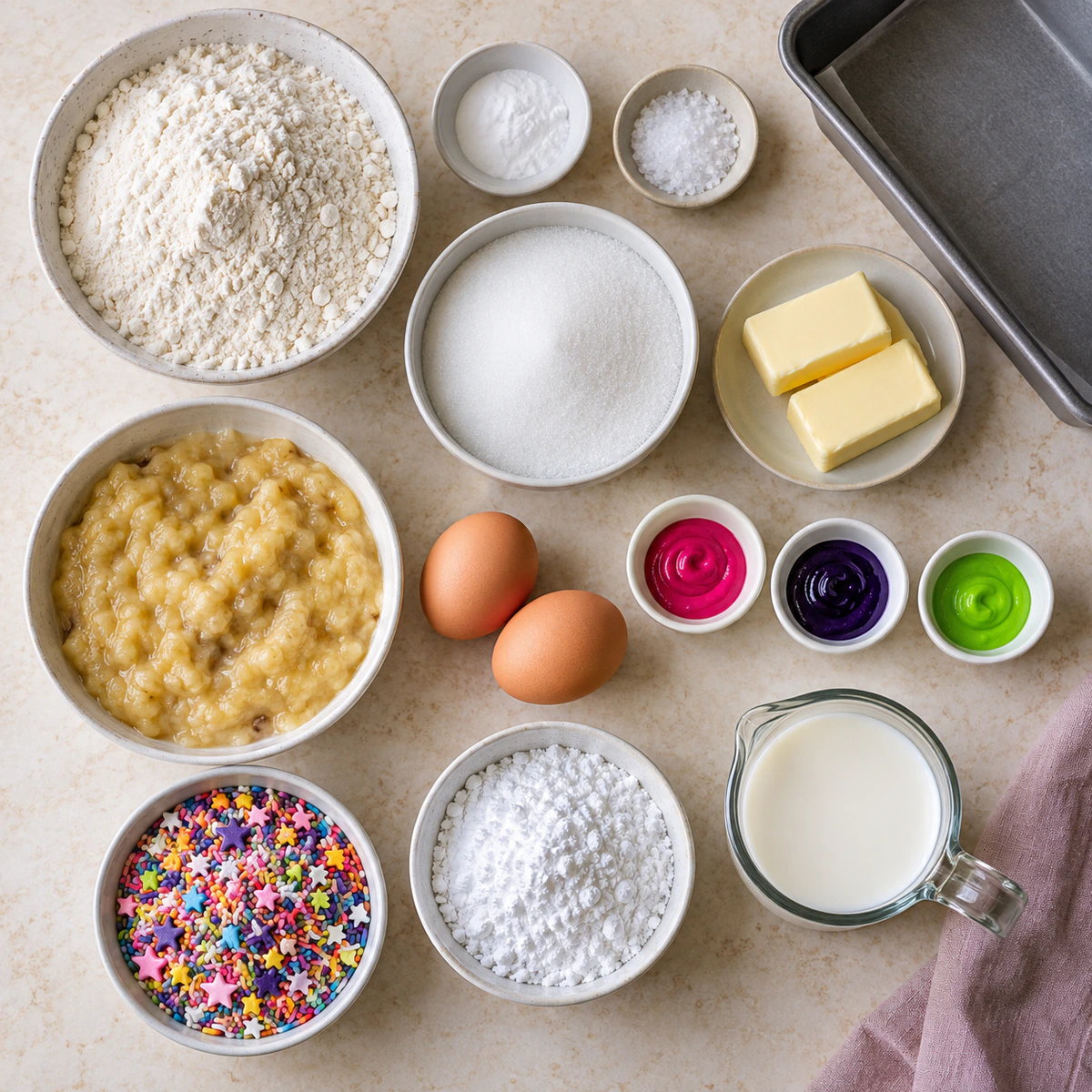 Exact measured ingredients for Unicorn Bread with Sprinkles