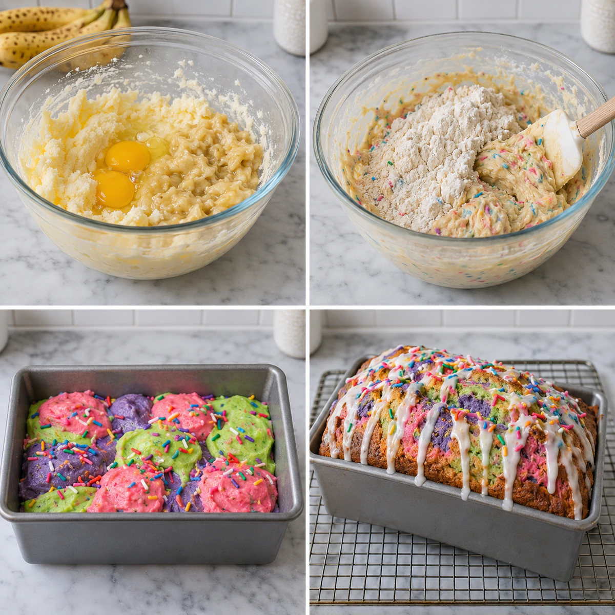 Four chronological preparation stages for Unicorn Bread with Sprinkles