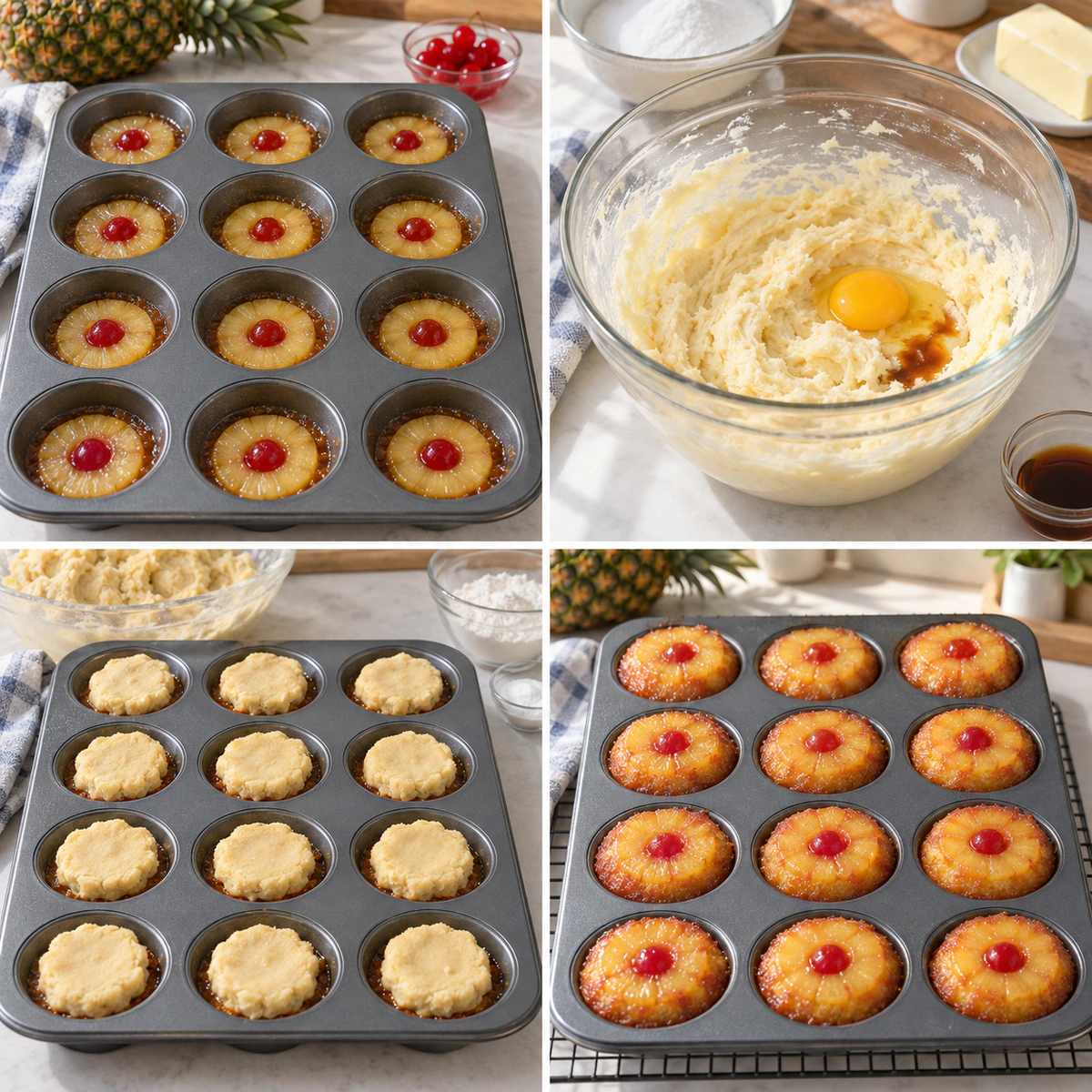 Four chronological preparation stages for Pineapple Upside Down Sugar Cookies
