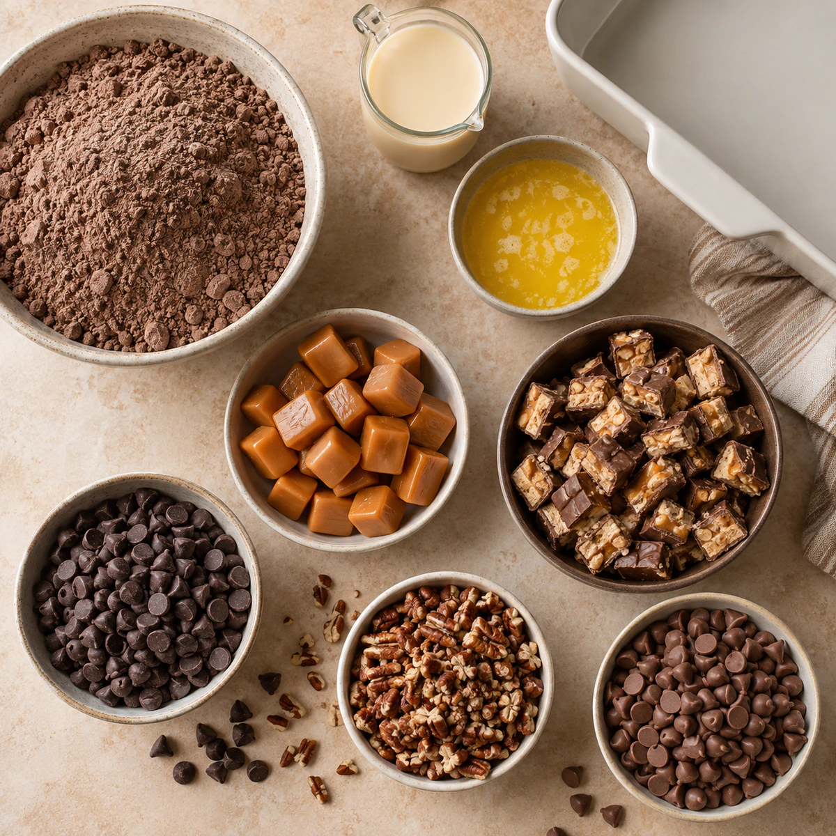 Exact measured ingredients for Snickers Brownies Extravaganza