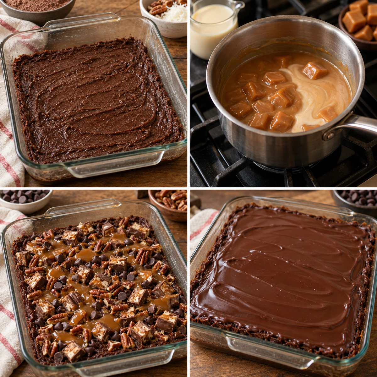 Four chronological preparation stages for Snickers Brownies Extravaganza
