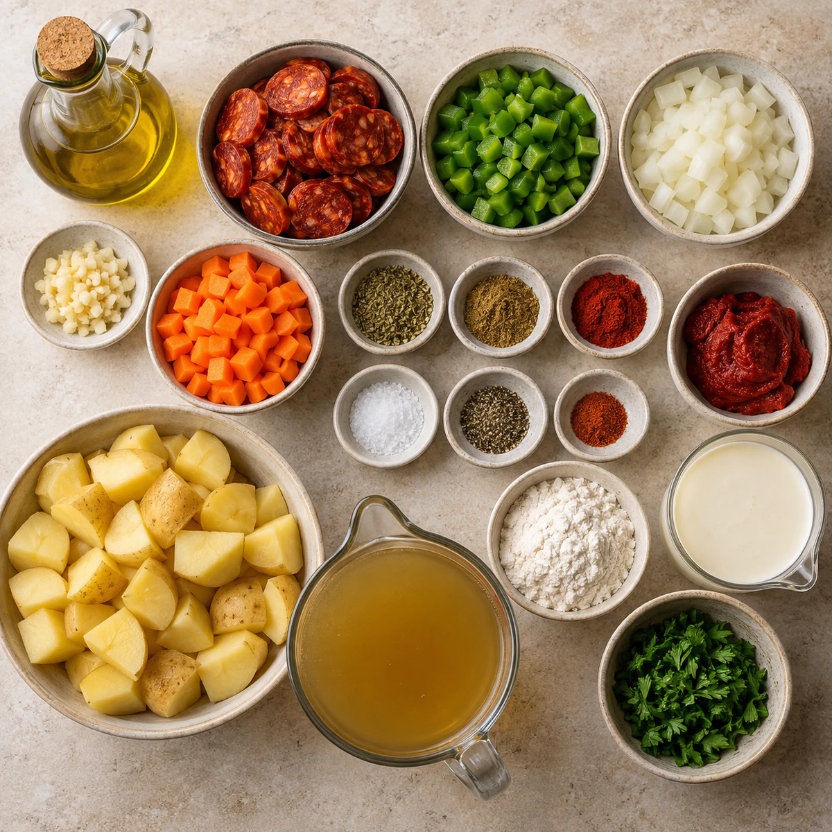 Exact measured ingredients for Spanish Potato Soup with Chorizo