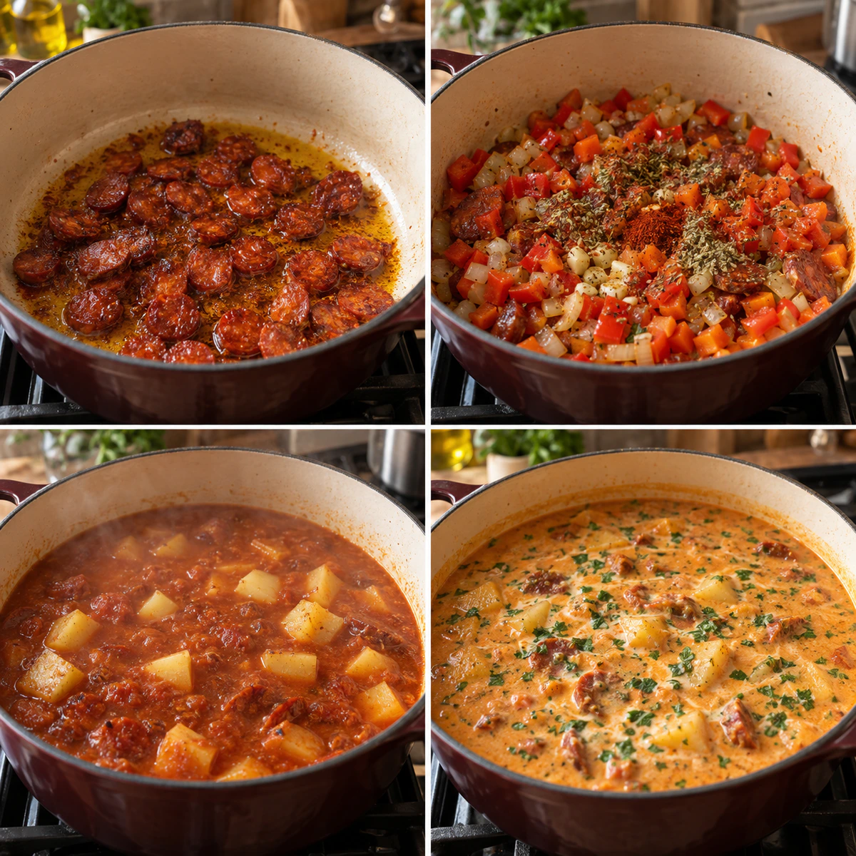 Four chronological preparation stages for Spanish Potato Soup with Chorizo