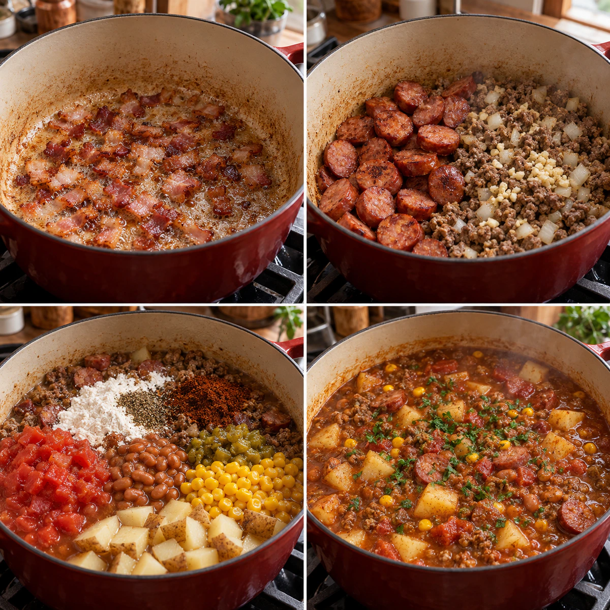 Four chronological preparation stages for Cowboy Stew