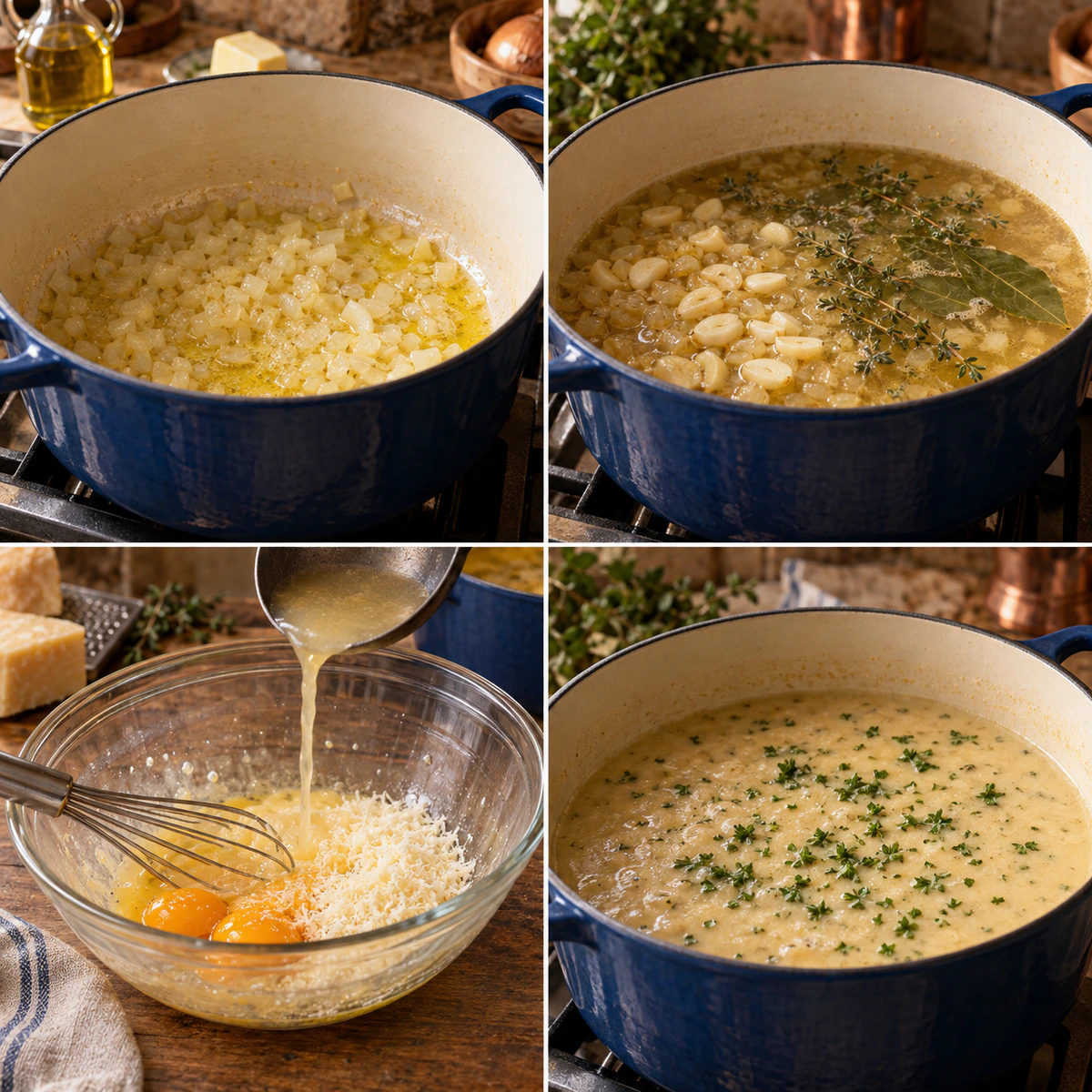 Four chronological preparation stages for Country French Garlic Soup